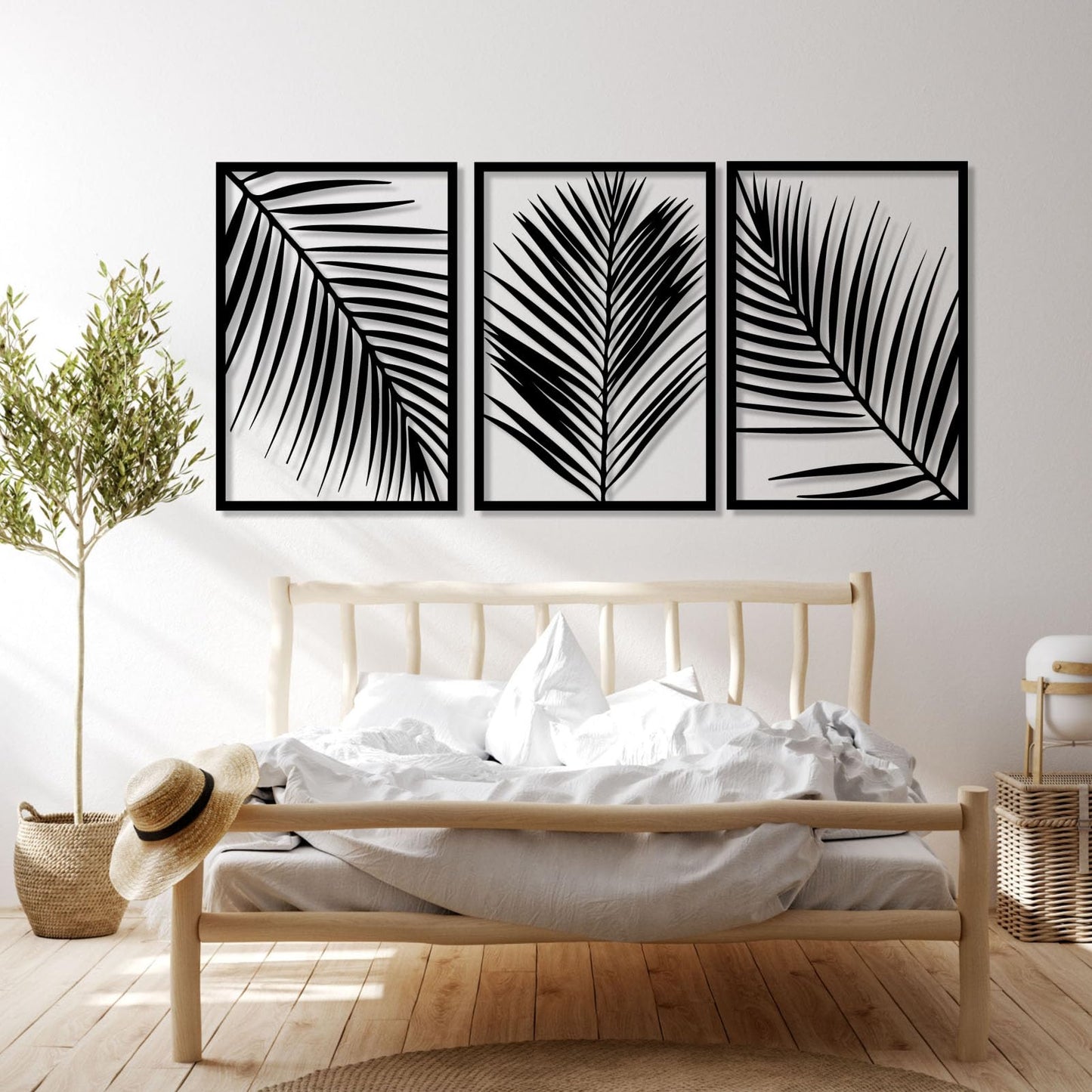 Gasijet Metal Palm Leaves Wall Decor, Metal Leaves Wall Decor, Palm Leaf Art, Line Art Nature Plant Wall Art, Set of 3, Wall Decorations for Living Room, Bedroom (White, 39 x 19 in / 96 x 47cm)