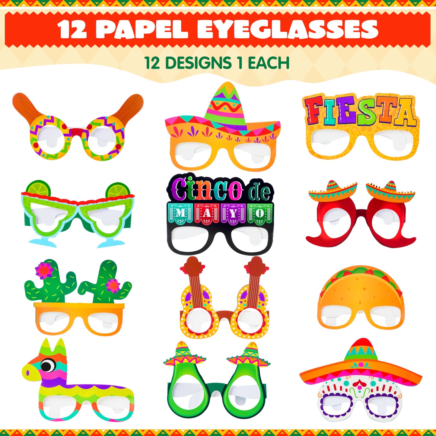 JOYIN 12 PCS Mexican Fiesta Party Paper Eyeglasses for Cinco de Mayo Party Decorations, Mexican Themed Bachelorette Party Favors, Party Costume Photo Booth Props Supplies for Taco Tuesday