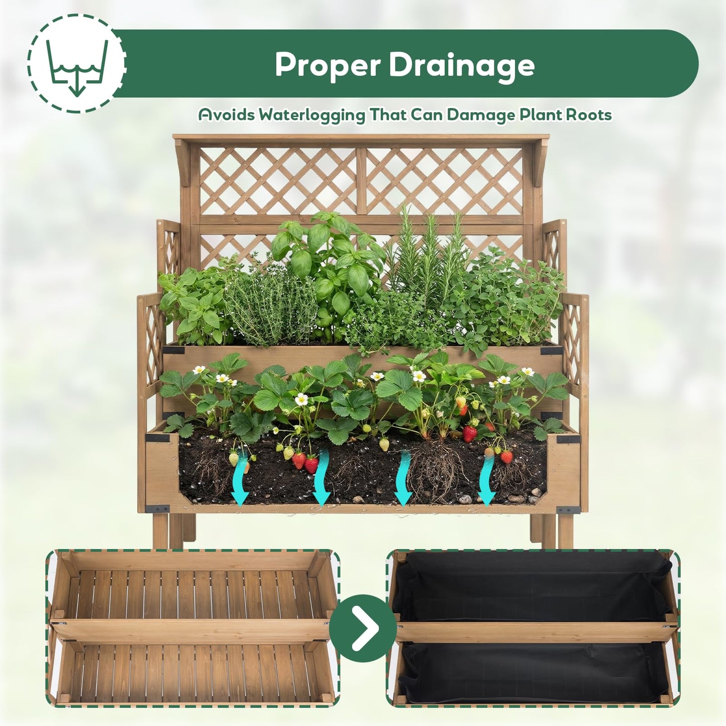 Raised Garden Bed with Trellis & Top Shelf, Outdoor Elevated Planter Box with 2 Planting Areas, Liner & Metal Corners for Climbing Plants, Vegetables, Herbs