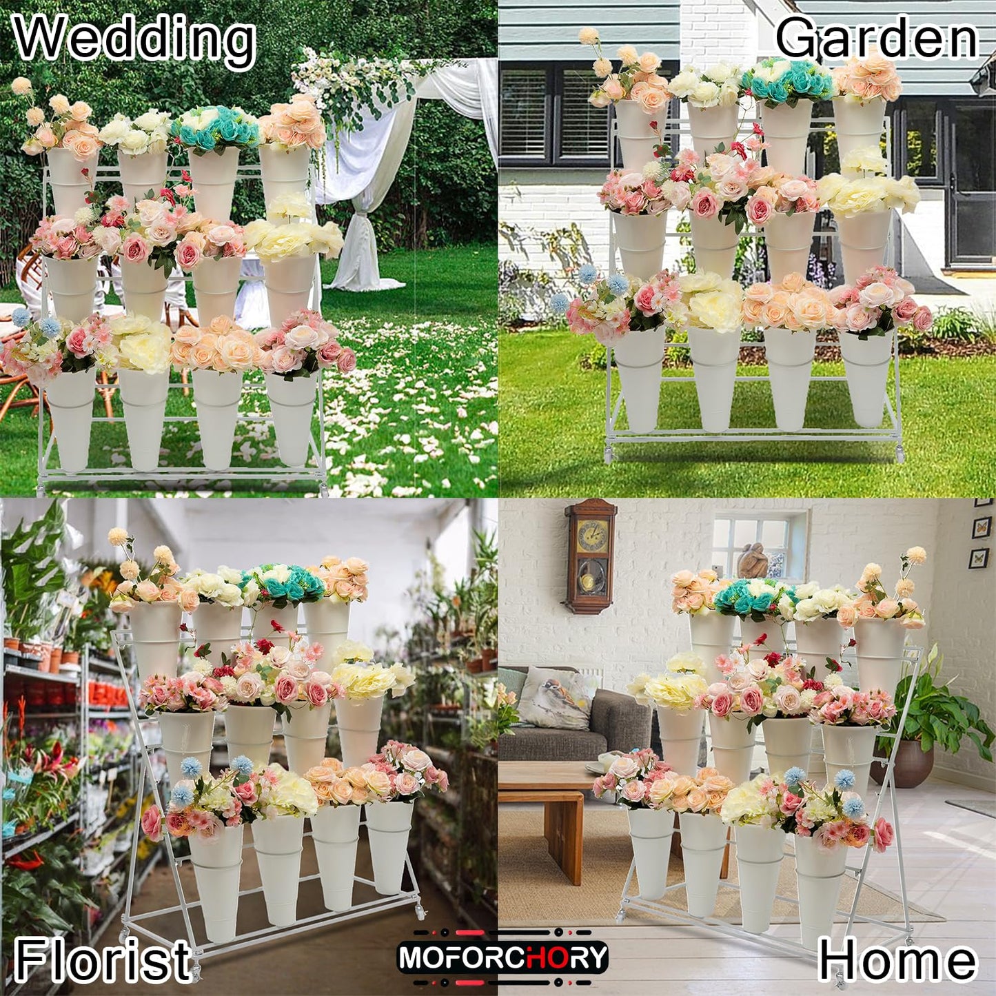Moforchory flower bar stand, flower display stand with 12 buckets, 3 Layers Flower Cart White Metal Flower Bar Stand with Wheels, Moving Florist Bouquet Shelf for Indoor Outdoor Patio Garden Weddings Florist Living Room