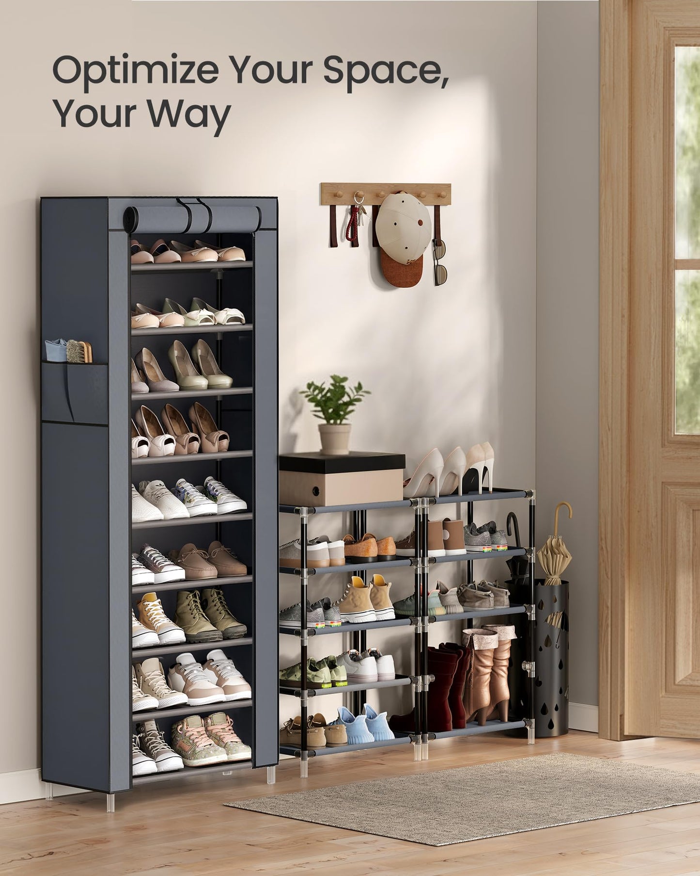 SONGMICS 10-Tier Shoe Rack, Shoe Storage Cabinet with Dustproof Cover, Free-Standing Storage Organizer for Closet, Entryway, Hold 20 Pairs of Shoes, for Sneakers, High Heels, Gray URXJ034GN02