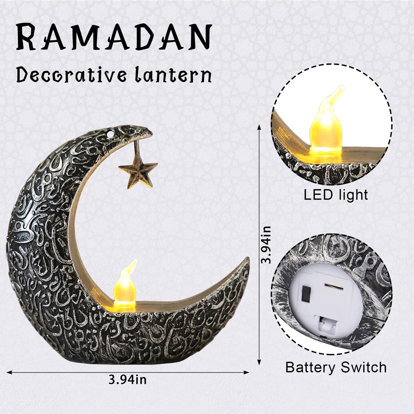 Hying 2 Pieces Ramadan Lanterns Decoration Eid-ul-fitr Table Lamp Eid Mubarak Flameless Candle Lanterns Ramadan Moon Star Lamp for Home Tabletop Decor-Sliver Black