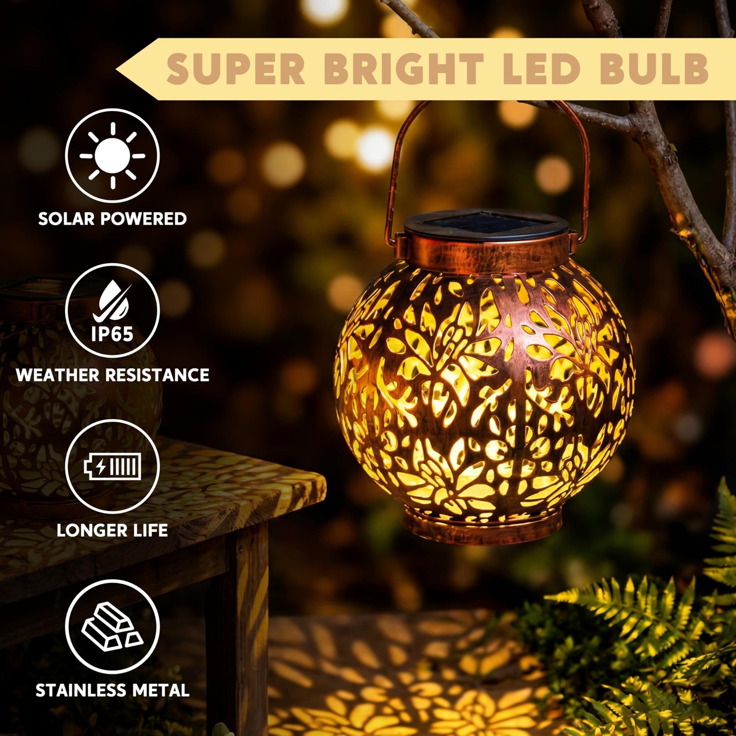 JOIEDOMI 2 Pack Outdoor Solar Hanging Lantern Lights, Waterproof Tabletop with Handle, LED Moroccan Lanterns, Metal Decorative Garden Solar Lights Spring for Patio, Lawn, Porch, Backyard