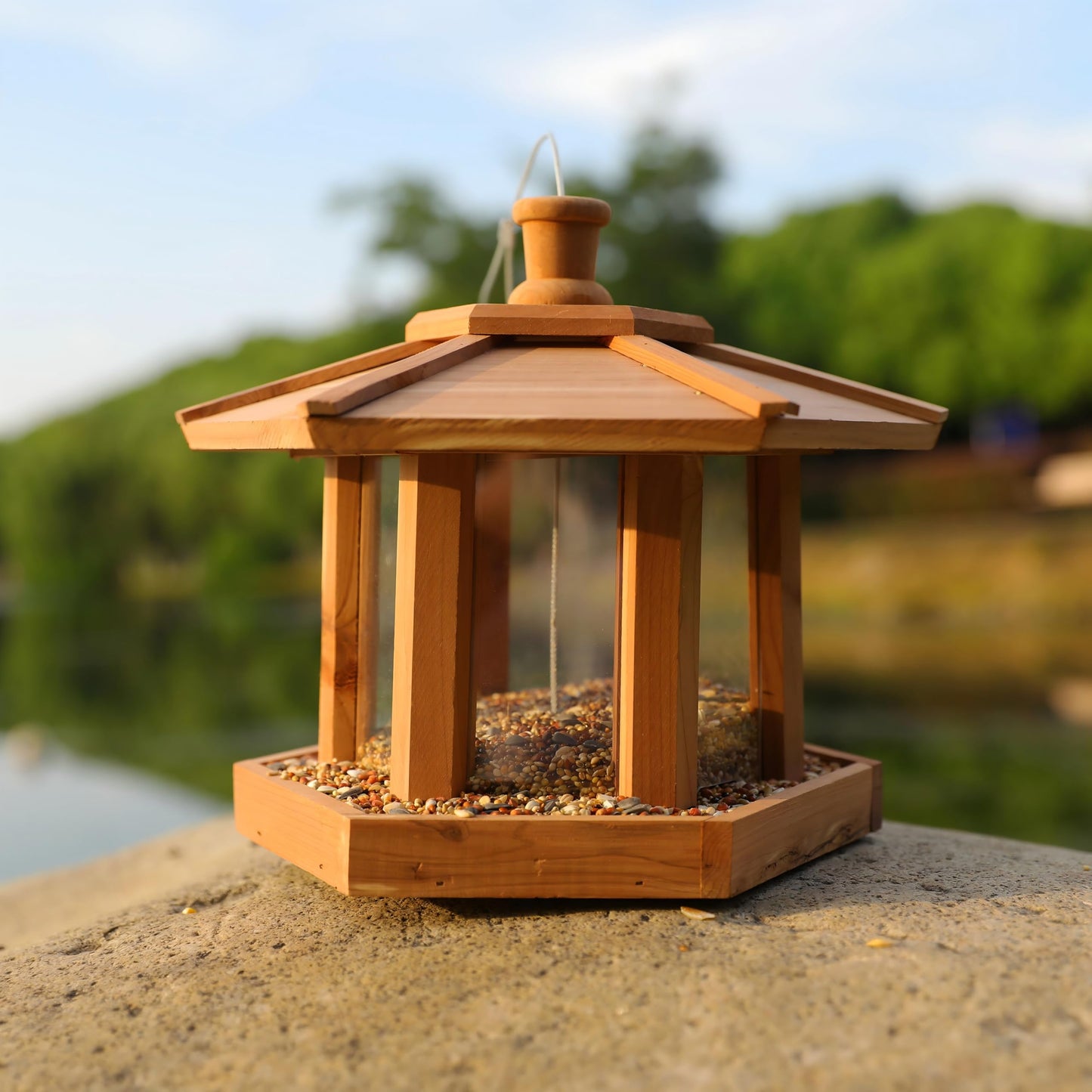 Liawm Wooden Bird Feeder for Outdoors Hanging, Red Cedar Hexagon Shaped Large Capacity, Cardinal Birdfeeder for Garden Decoration Yard, Weatherproof and Durable(Large)