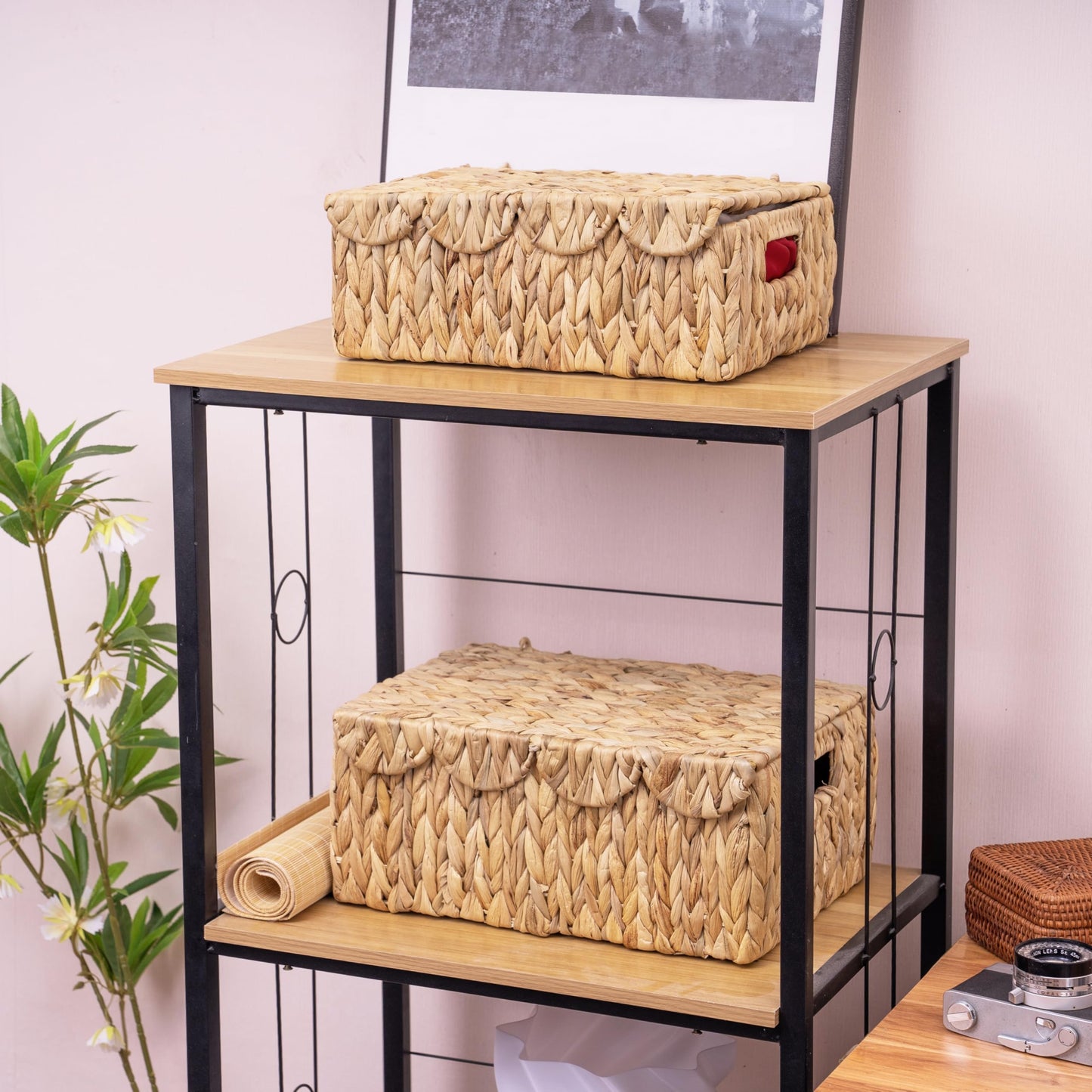 LUSYDECO Set of 2 Scalloped Edge Wicker Basket with Lids, Rectangle Wicker Storage Basket with Built-in Handles, Multipurpose Organizer Rattan Display Boxes for Shelf, Nursery Room