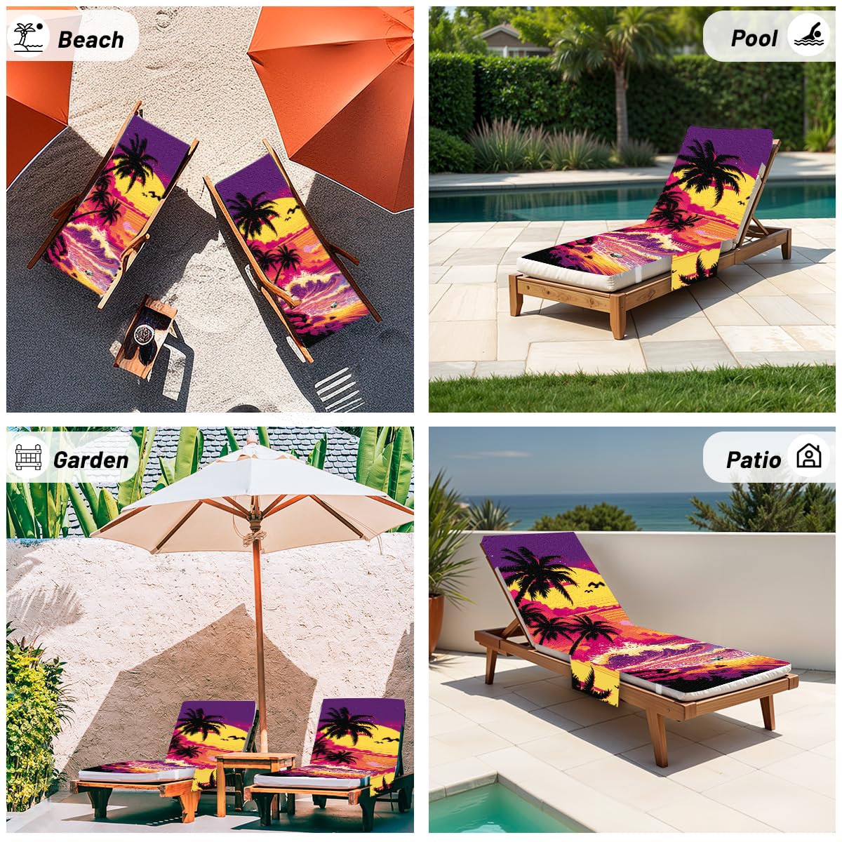 2 PCS Sunset Lounge Chair Towel Cover, Coconut Trees Beach Chair Covers, Chaise Lounge Cover with Pockets for Pool Sunbathing Beach Garden Courtyard Outdoor Trips, 85" X 30"