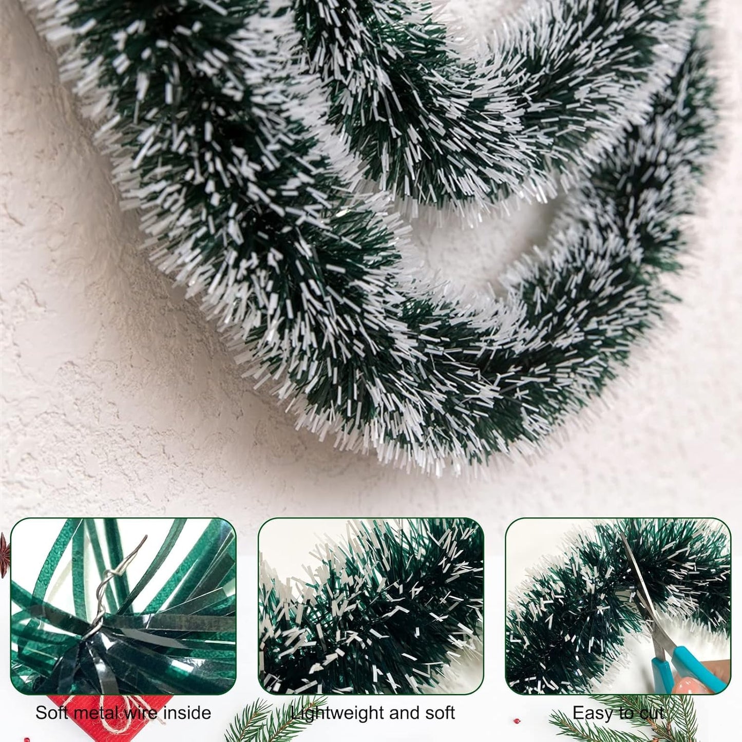 32.8 Ft Christmas Tinsel Garland, Dark Green Garland-Thick White Snow Metallic Garland for Christmas Tree, Wedding Birthday Xmas Disco Holiday Party