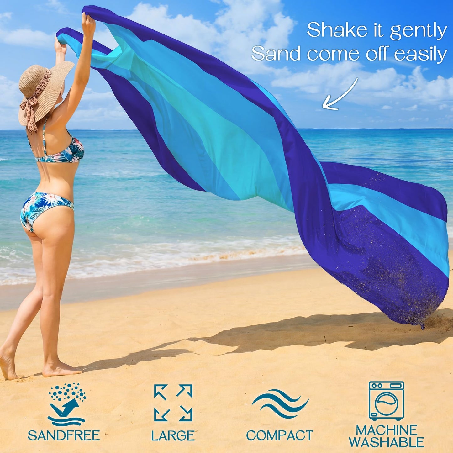 BYDOLL Beach Blanket 78''×81'' 4-7 Adults Oversized Lightweight Waterproof Sandproof Beach Blanket Large Picnic Mat for Travel Camping Hiking Picnic(78" X 81", Blue-Mixed)