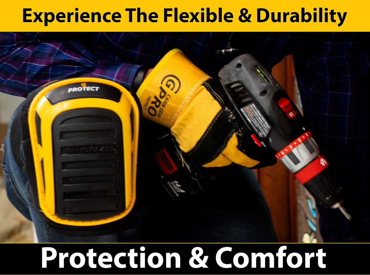 CARIB GEAR PRO USA Work Knee Pads for Men and Women Heavy Duty Double Gel Construction Knee Pads with Anti Slip Straps for Flooring Tiling Gardening Includes Leather Gloves and Safety Glasses