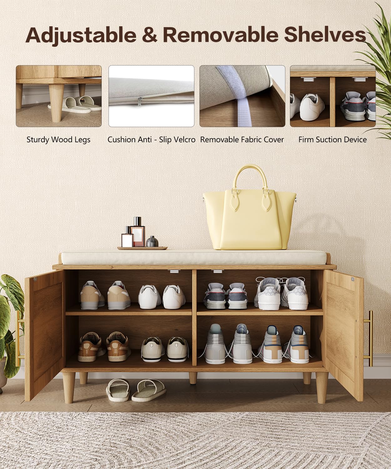 Akxomel Rattan Shoe Storage Bench with Cushion, 2-Tier Entryway Bench with Adjustable Shelves and 2 Doors, 15" D x 31.5" W x 20" H, Solid Wood Legs, for Hallway, Living Room, Bedroom, Natural Oak