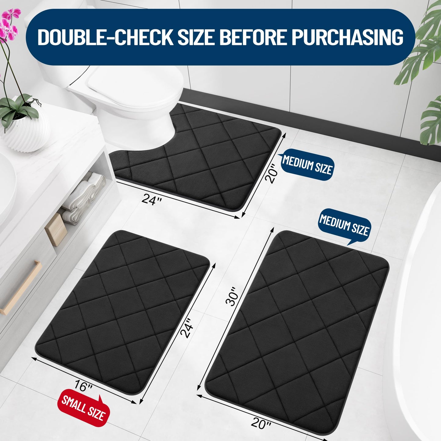OLANLY Memory Foam Bath Mat 30x20, Ultra Soft and Absorbent Bathroom Rugs, Machine Washable, Comfortable Bath Carpet for Bathroom Floor, Tub and Shower, Black