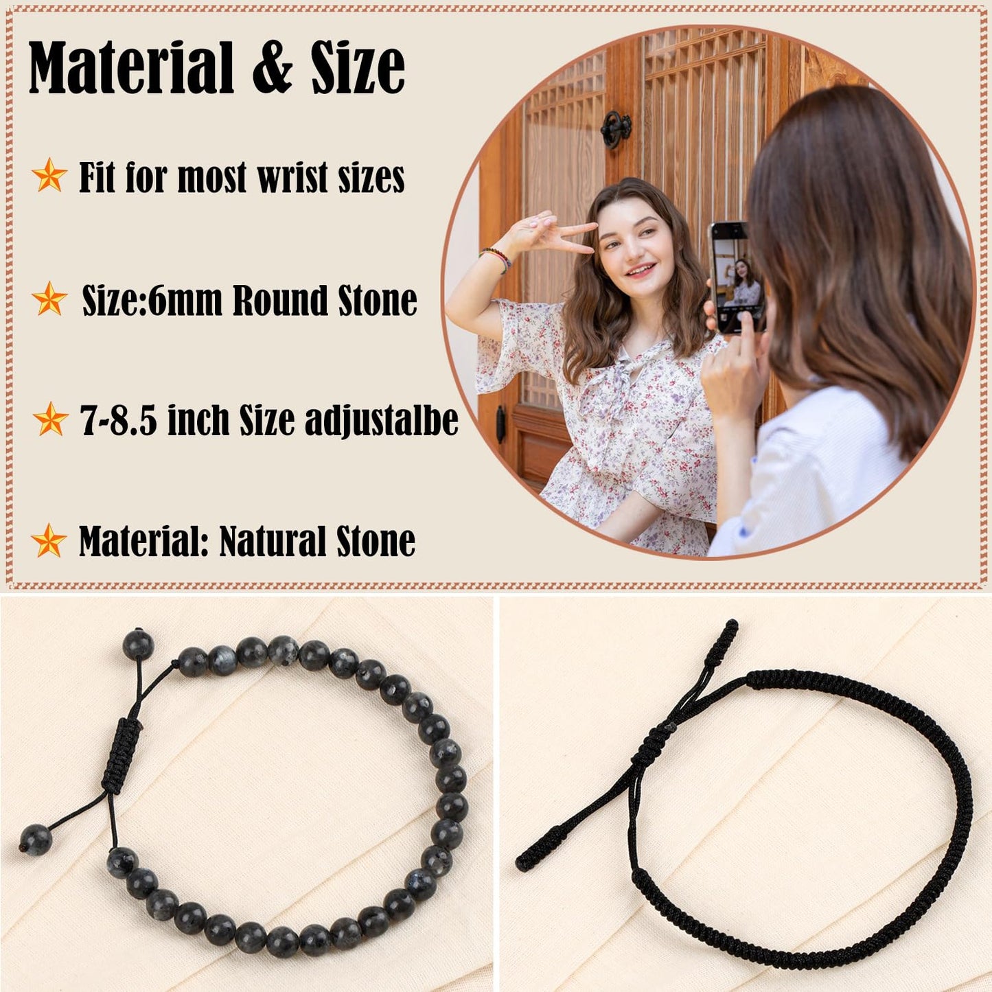 LPBeads 6mm Larvikite Bracelet with Handmade Rope Bracelet Size Adjustable Natural Stone Crystal Healing Bracelets Gifts for Unisex Adults