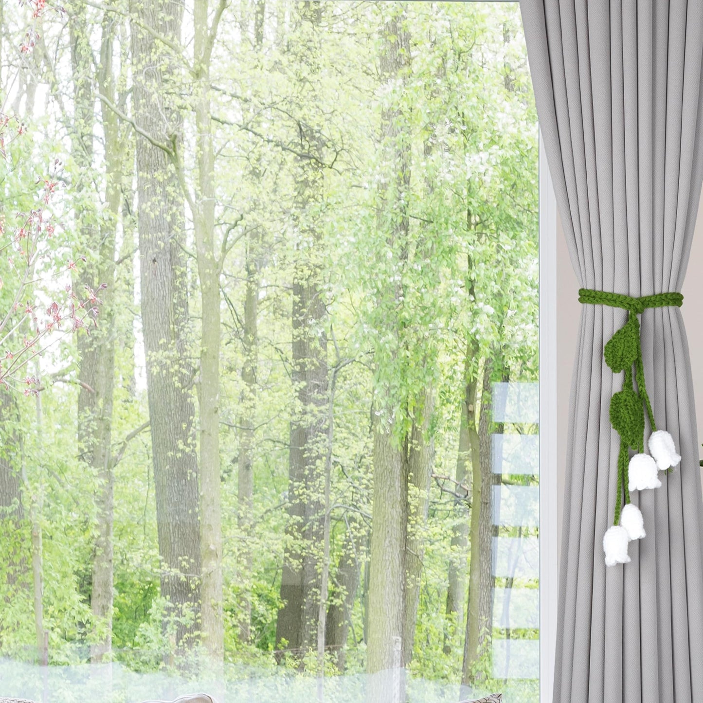 OCIOLI 2 Pack Boho Handmade Flower Curtain Tiebacks Curtain Holdbacks - No Drill Rope Curtain Holder, Drapery Holdback Decorative Pull Backs for Nursery & Bedroom Decor (2, Lily of The Valley)