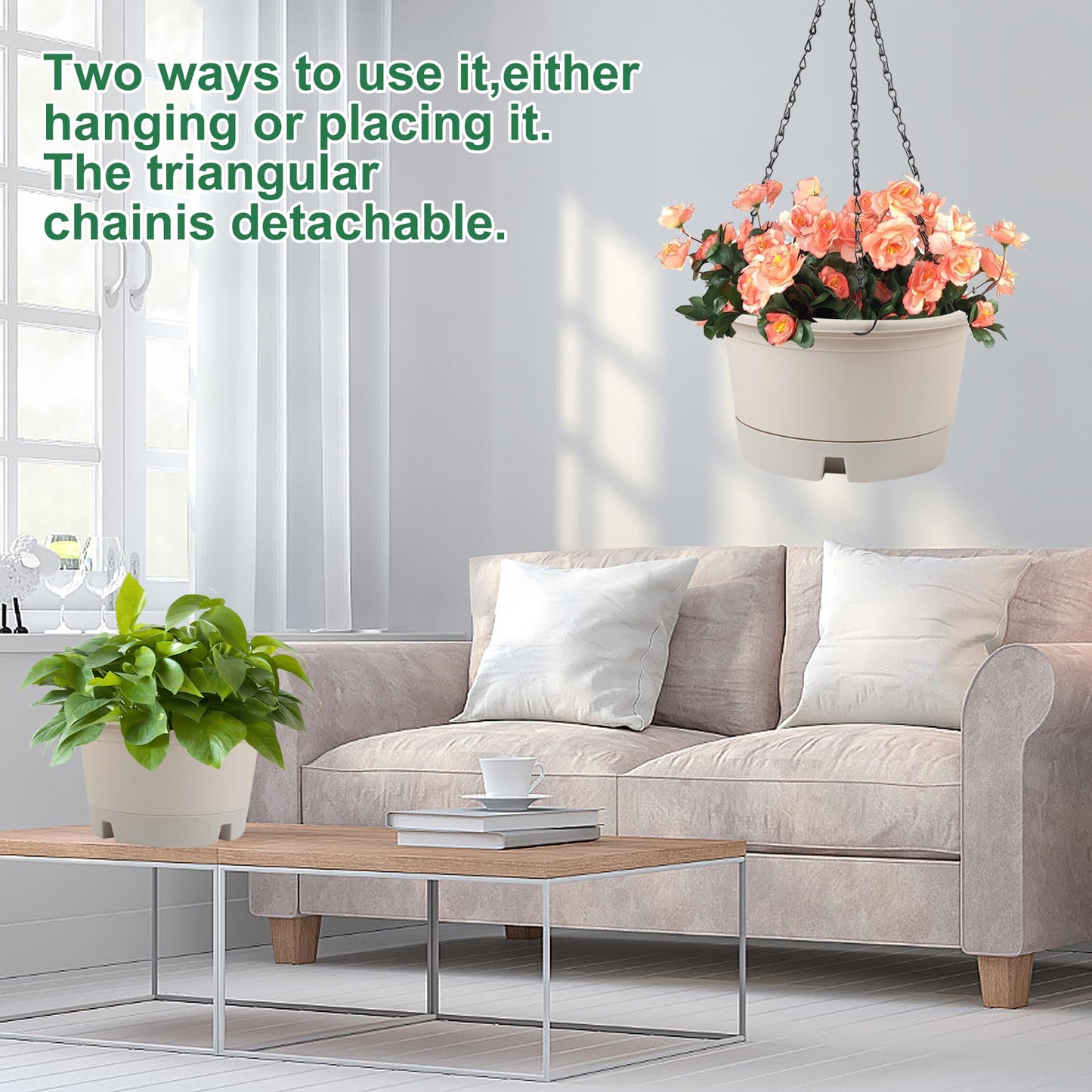 Svxtoby 10 Inch Hanging Planters for Indoor Plants, 4 Pack Plastic Hanging Baskets with Removable Trays & 15.7" Chain, Outdoor Hanging Plant Pot for Home Garden Porch Balcony Patio Decor (Beige)