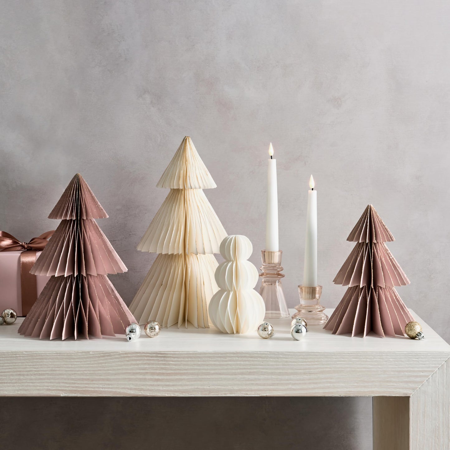 LampLust Paper Christmas Tree Decor, 2 Pack Honeycomb Paper Trees, 6 & 8 Inch, White & Gold Glitter Edge, Holiday Table Centerpieces, Christmas Table Decor, Winter Decorations