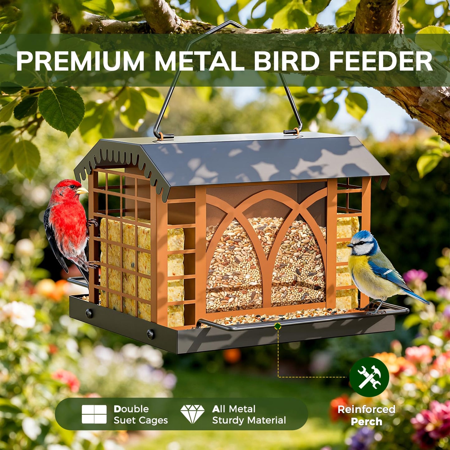 Bird Feeders for Outdoors Hanging, Metal Bird Feeder with Double Suet Cage Weatherproof Metal Roof, 3.5Lbs Large Capacity Great for Attracting Finch Cardinal Chickadee Wild Birds, Pinecone Brown