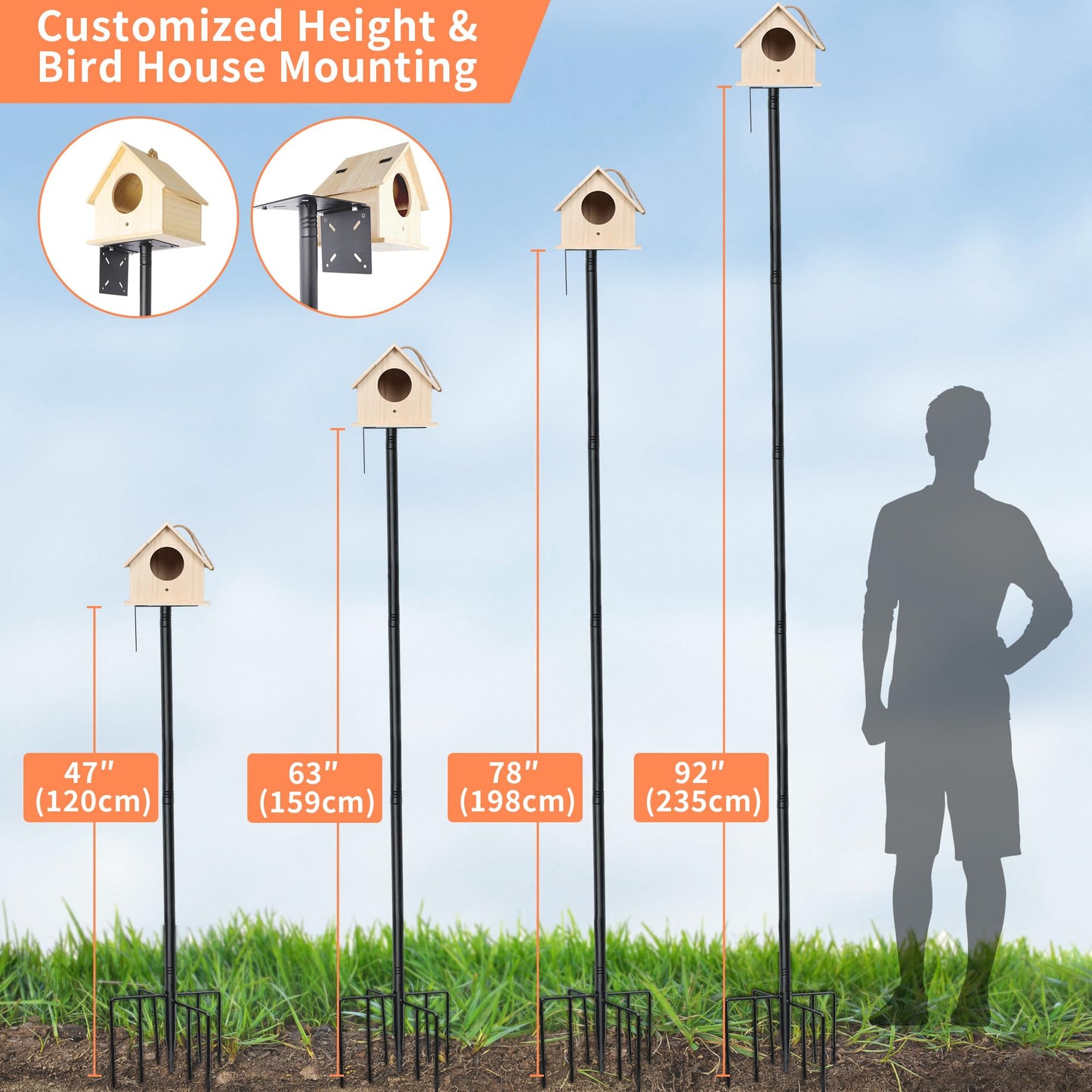 eWonLife 92 Inch Squirrel Proof Bird Feeder Pole with 9 Prongs Base, 1 Inch Dia Bird House Pole, Heavy Duty Bird Feeder Stand, Adjustable Shepherds Hooks for Outdoor with Squirrel Baffle Birdbath Tray