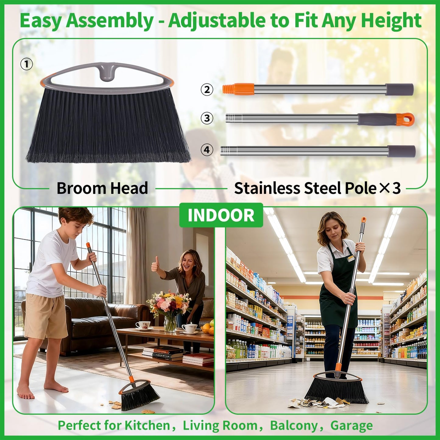 Napalona 2 Pack Soft Bristle Broom for Pet Hair, Heavy Duty Collapsible Sweeping Broom for Indoor Hardwood Floors, Outdoor Deck, Kitchen, Patio, Stainless Steel Handle, Gray