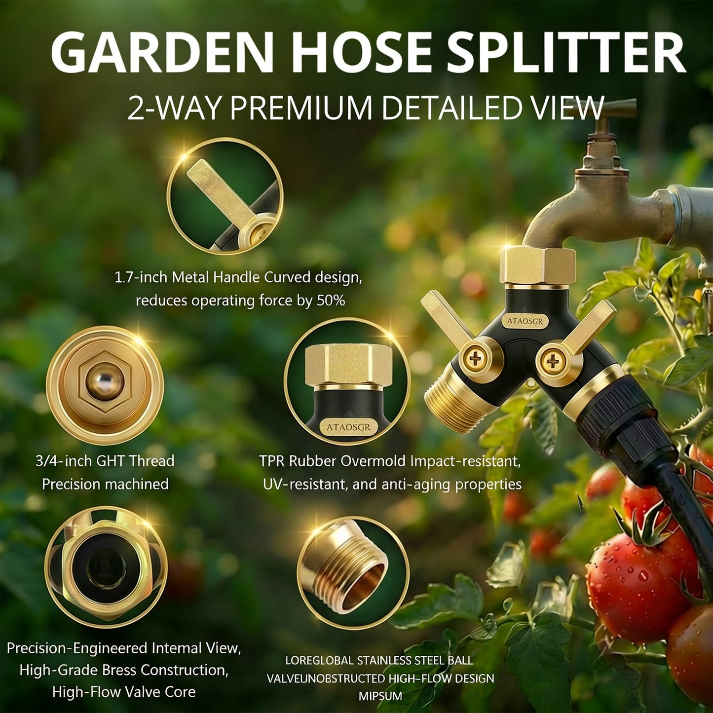 Hose Splitter 2 Way Heavy Duty, Metal Body Full Flow Garden Hose Splitter with Shut-Off Valve,3/4'' GHT Connector Water Hose Bib Y Spigot Splitter, For Outdoor Spigot Faucet and horticultural use.