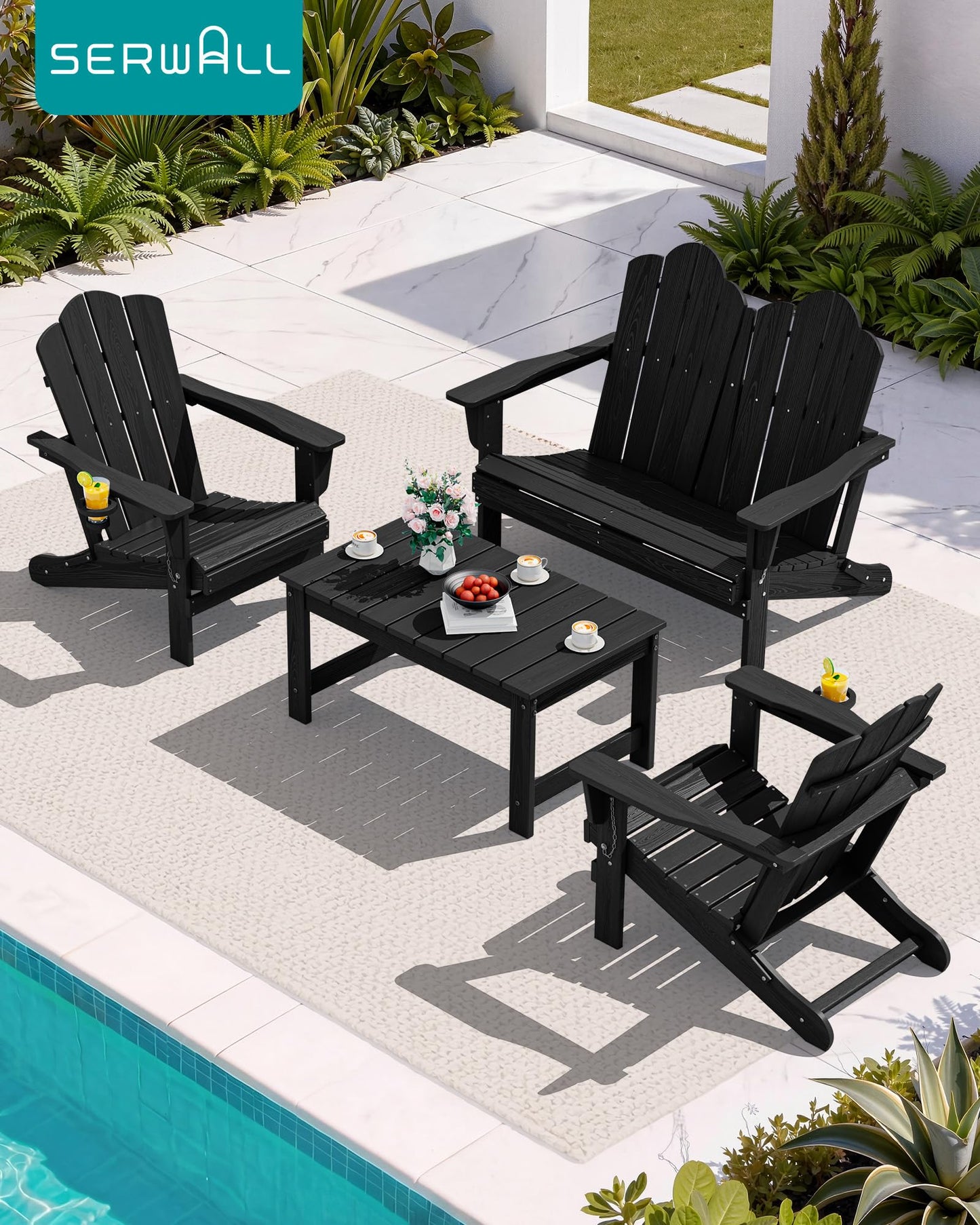 SERWALL Folding Adirondack Bench, HDPE All-Weather Adirondack Loveseat, 660 lbs Capacity, Foldable Outdoor Patio Bench for Deck, Lawn, Garden, Black