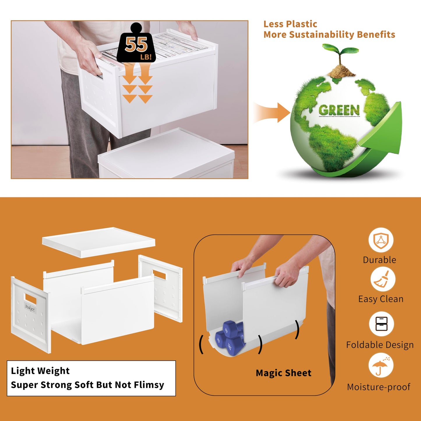 Seseno File Organizer File Box with Lid, Universal Hanging File Organizer, Letter/Legal Size File Folder Box, 2 Pack Plastic Office Document Filing Storage Bin