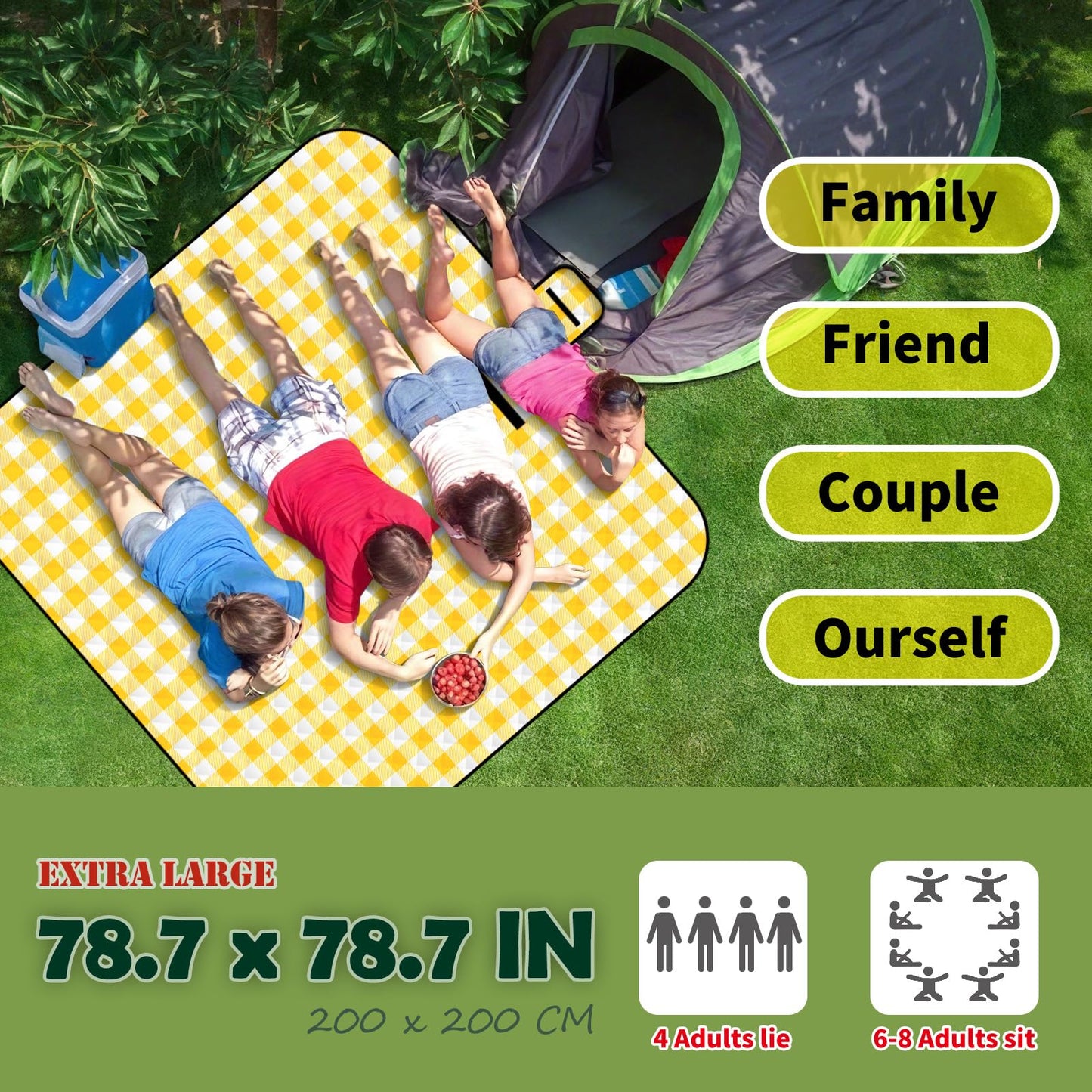 CUNCUI Picnic Outdoor Blankets, Extra Large 79x79in Beach Blanket, Thick 3-Layers Camping Waterproof Mat for Camp Hiking Park, Portable Foldable Rug for Family-Yellow, Sandproof & Machine Washable