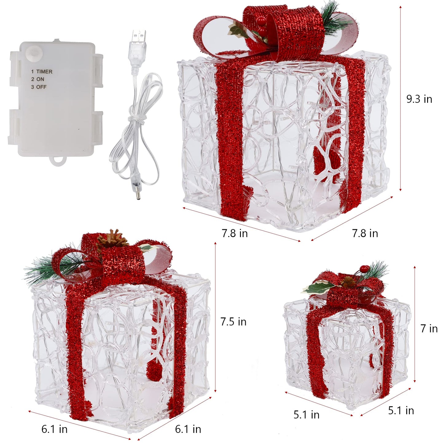 ATDAWN Set of 3 Lighted Gift Boxes Christmas Decorations, Clear Acrylic Present Boxes, Christmas Home Gift Box Decorations