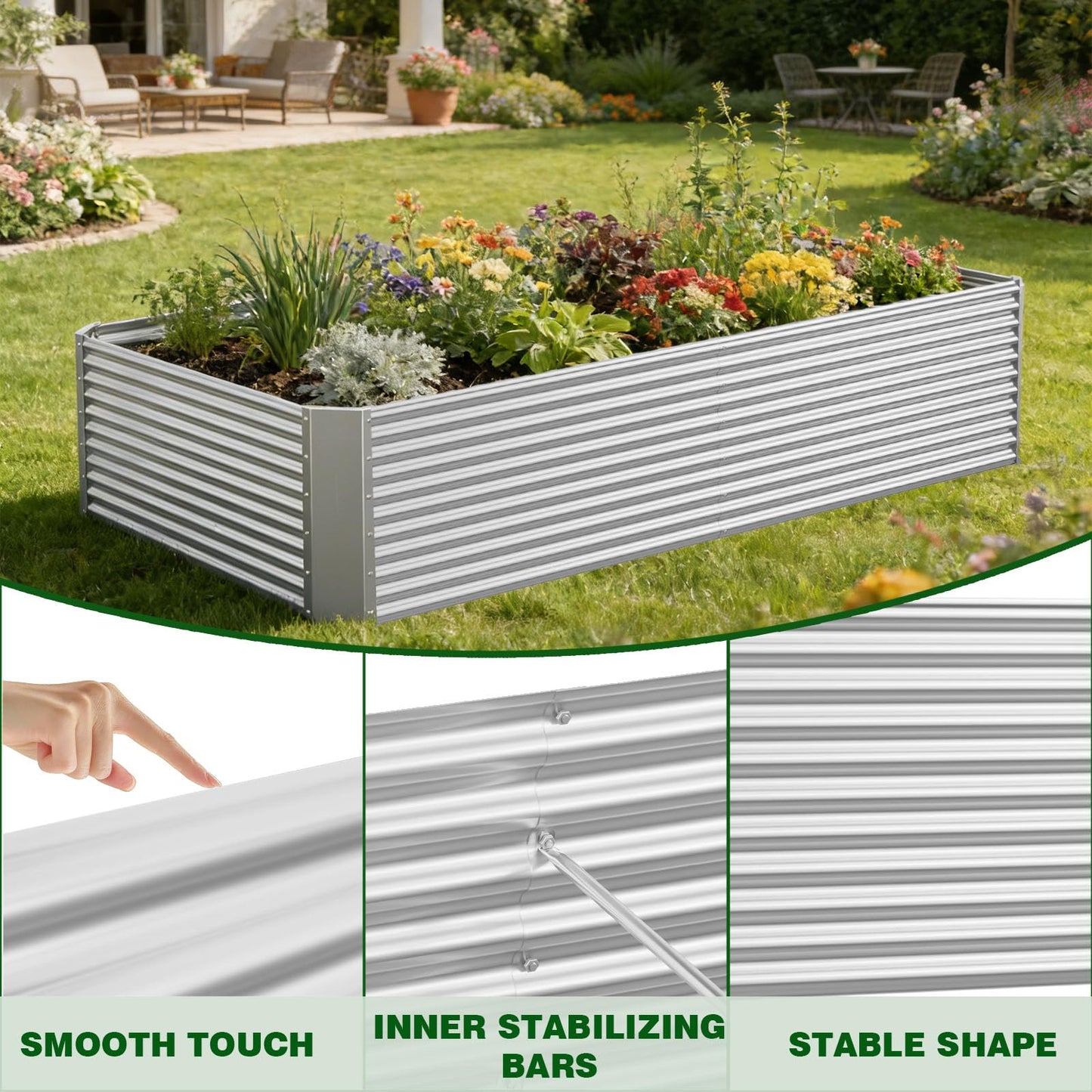 Annzoe 3 Pcs 8 x 4 FT Galvanized Steel Raised Garden Bed – Outdoor Planter Box for Root Vegetables, Herbs & Flowers, Large Metal Garden Beds for Backyards, Terraces and Balconies