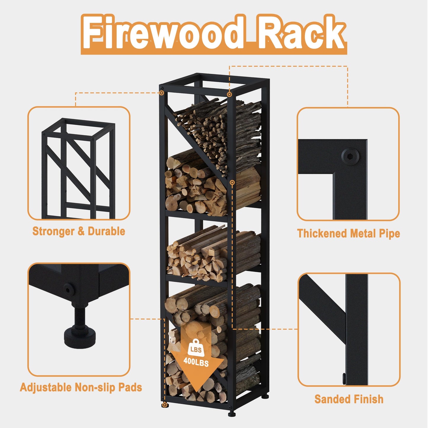 Wakeyard 47 Inch Tall Indoor Firewood Rack Outdoor, 5-Tier Functional Fireplace Log Holder, Heavy Duty Metal Firewood Storage Rack, Decorative Log Organizer, Anti-Rust Coating, Adjustable Pads