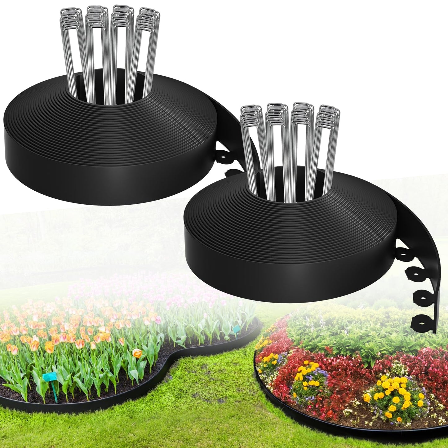 Bonviee 1.5” x 100’ Landscape Edging Kit, Garden Edging Coil with 150 Pcs Spikes, No Dig Lawn Border Design