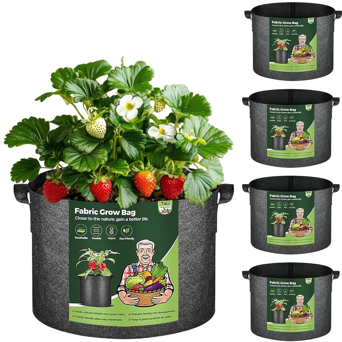 T4U Fabric Plant Grow Bags with Handle 10 Gallon Pack of 5, Heavy Duty Nonwoven Smart Garden Pot Thickened Aeration Nursery Container Black for Outdoor Potato, Tomato, Chili, Carrot and Vegetables