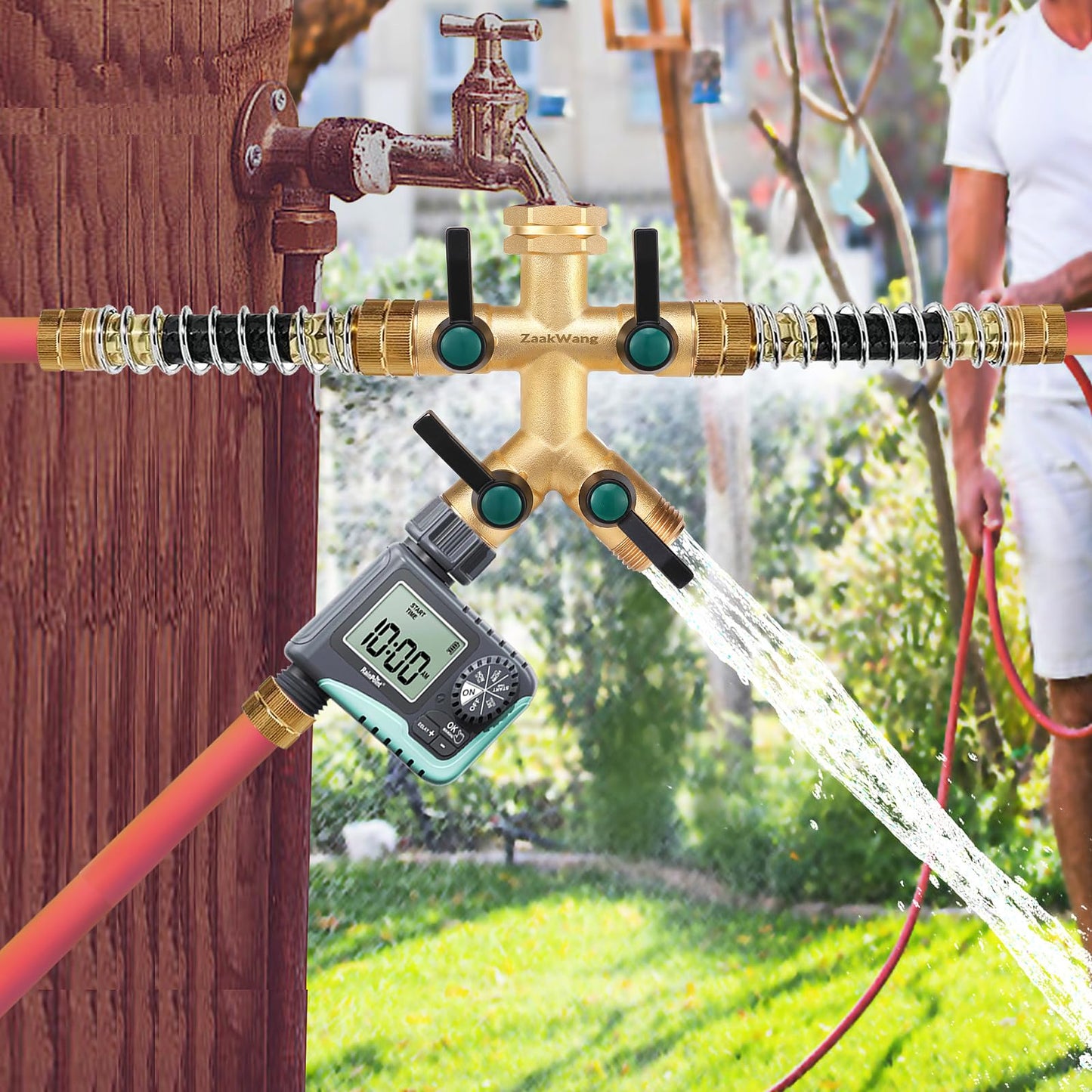 Garden Faucet Splitter, 4 Way Hose Splitter, Multi-Directional High Output Outdoor Splitter, 3/4" GHT Thickened Hex Inlet, Heavy Duty Solid Brass Spigot Adapter with Comfort Extension Handles