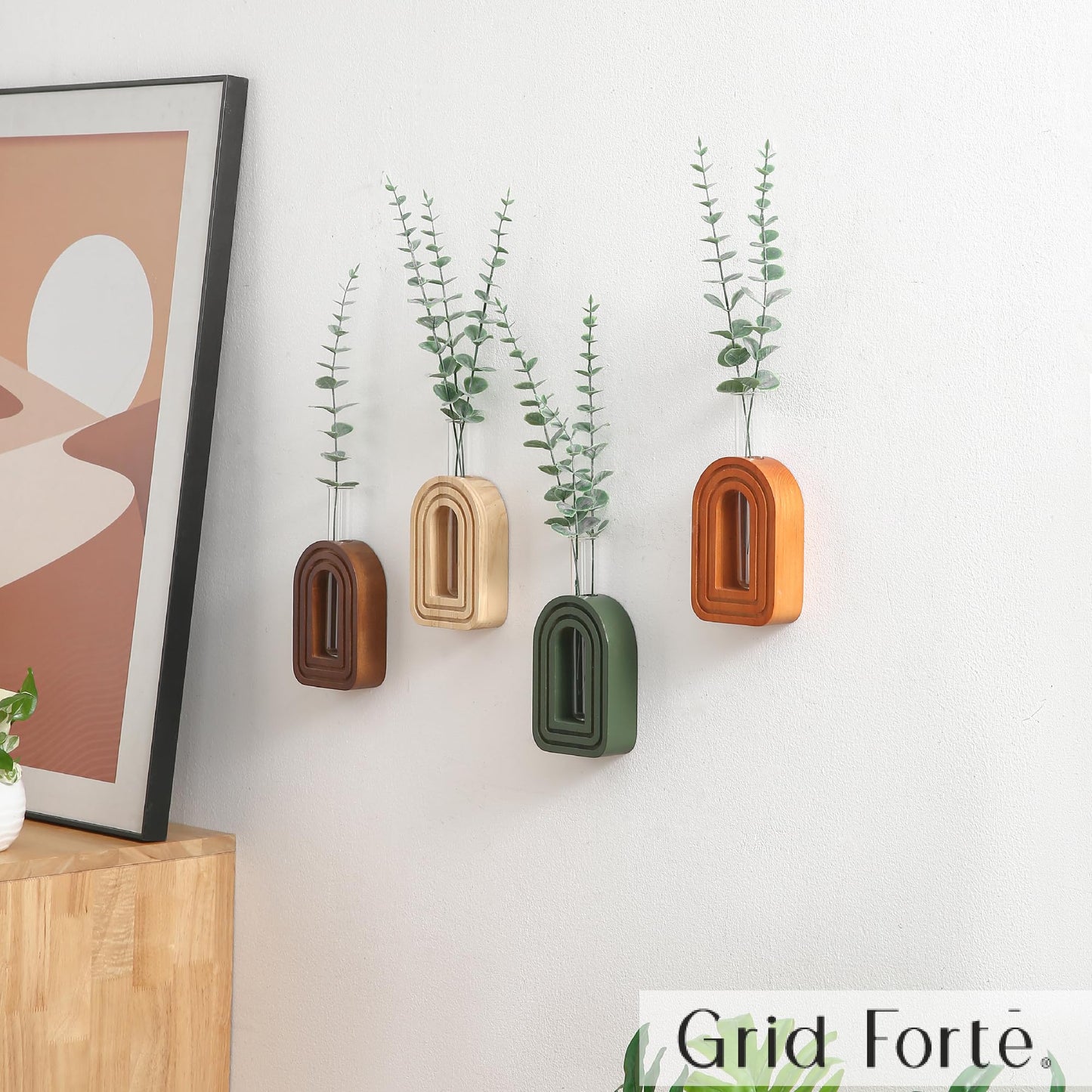GRID FORTE Wood Wall Arched Propagation Vases (Set of 4), Hanging Plant and Flower Vases, Home Decor Boho Wall Decoration for Living Room Bedroom