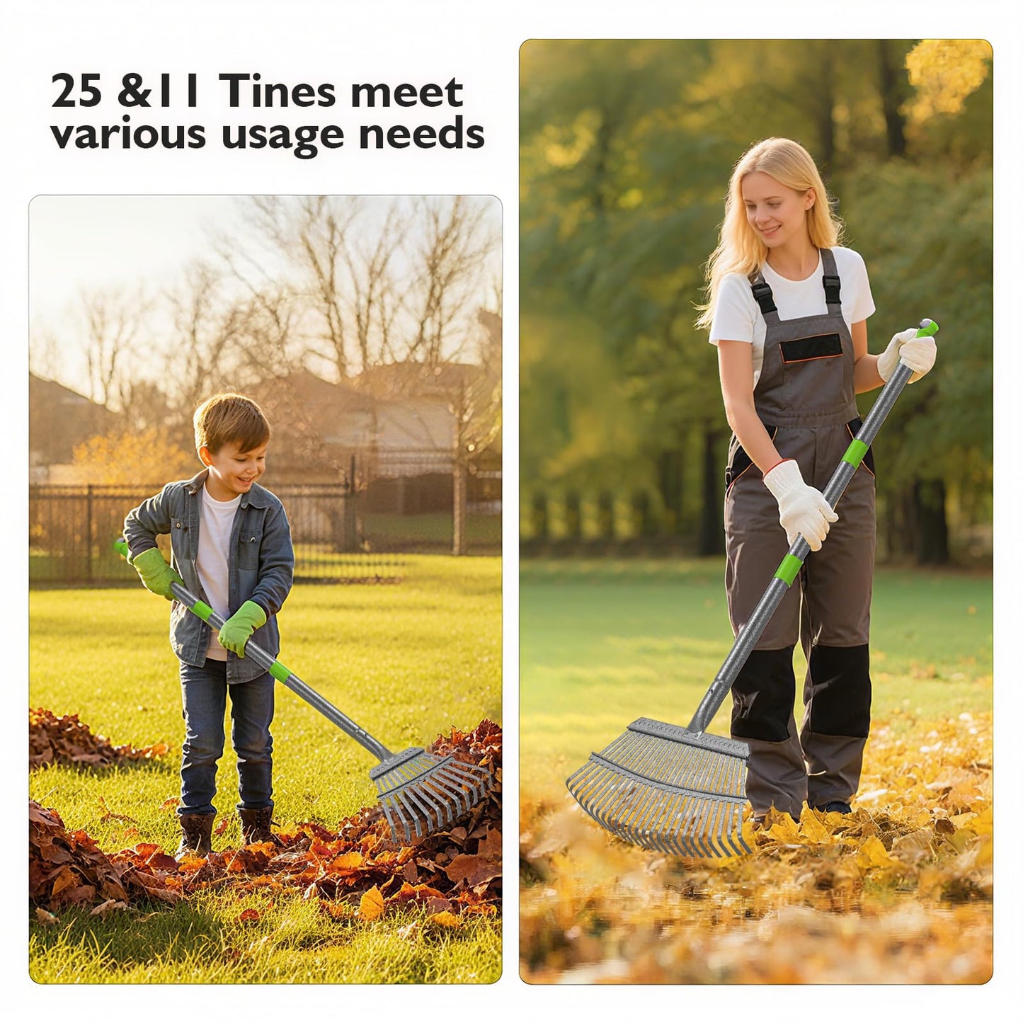 GARDENWORK Leaf Rake for Leaves,36-73" Long Garden Rake,25 &11 Tines Heavy Duty Leaf Rake for Lawns,Adjustable Stainless Steel Handle,Yards, Grass, Garbage, Weeds, Debris
