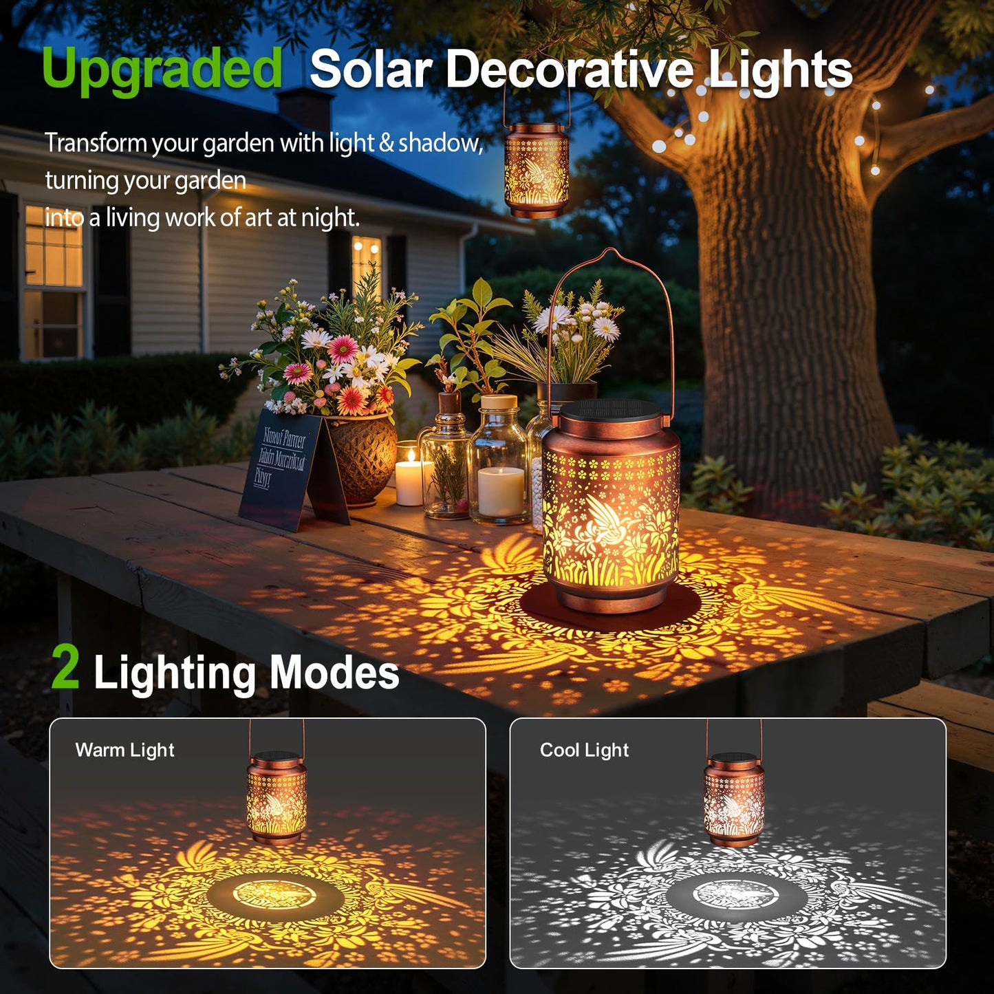 KOOPER 2 Pack Solar Lanterns Outdoor Waterproof Birthday Gifts for Women Mom Grandma, Upgraded Hummingbird Hanging Solar Lantern Lights Outdoor, 2 Modes Metal Outdoor Decoration for Yard, Patio