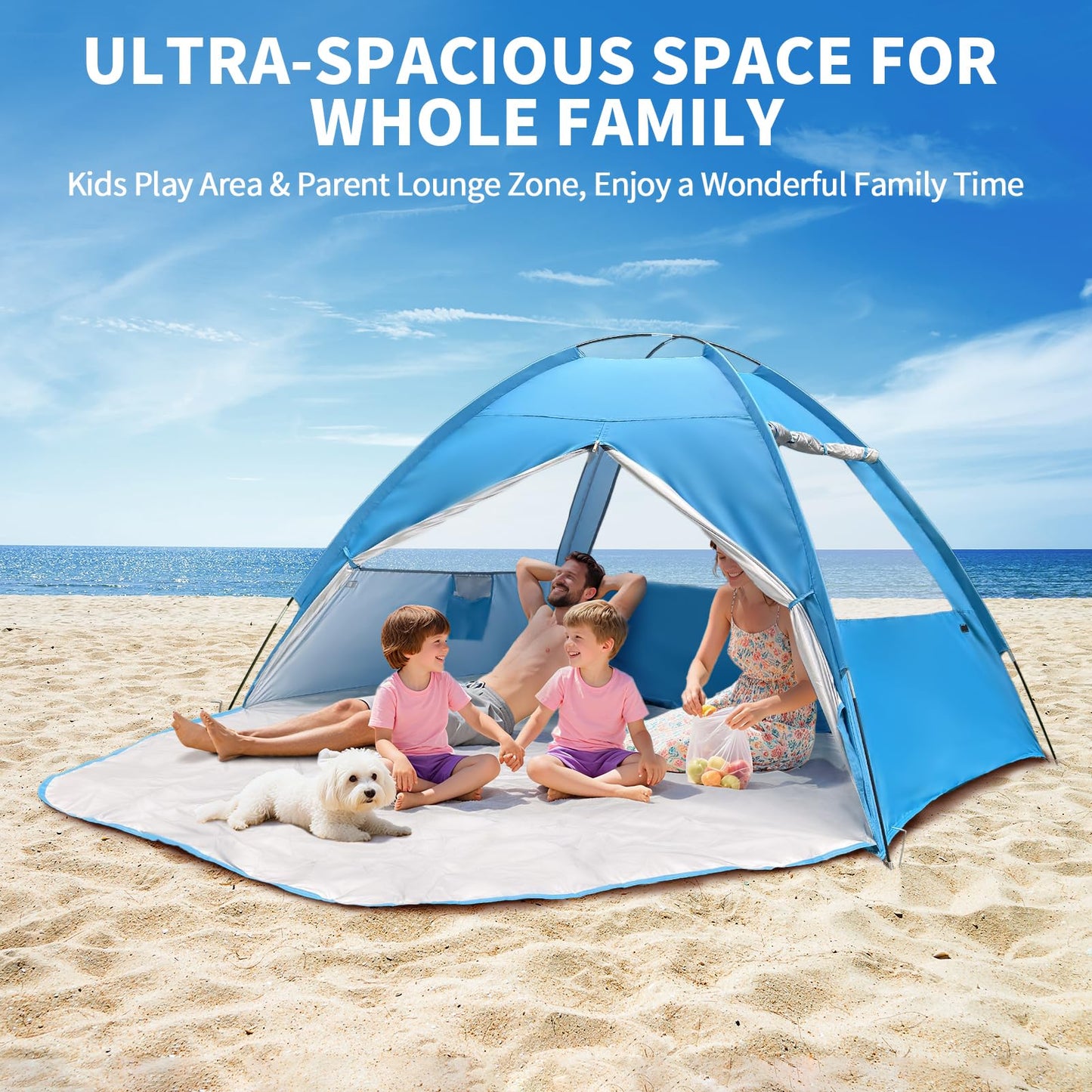 COVACURE 2026 New Upgraded Beach Tent Sun Shelter for 3-4 Person - UPF 50+ UV Protection Beach Shade, Waterproof & Lightweight, Easy Setup Portable Sun Canopy for Camping, Fishing, Beach(Blue)
