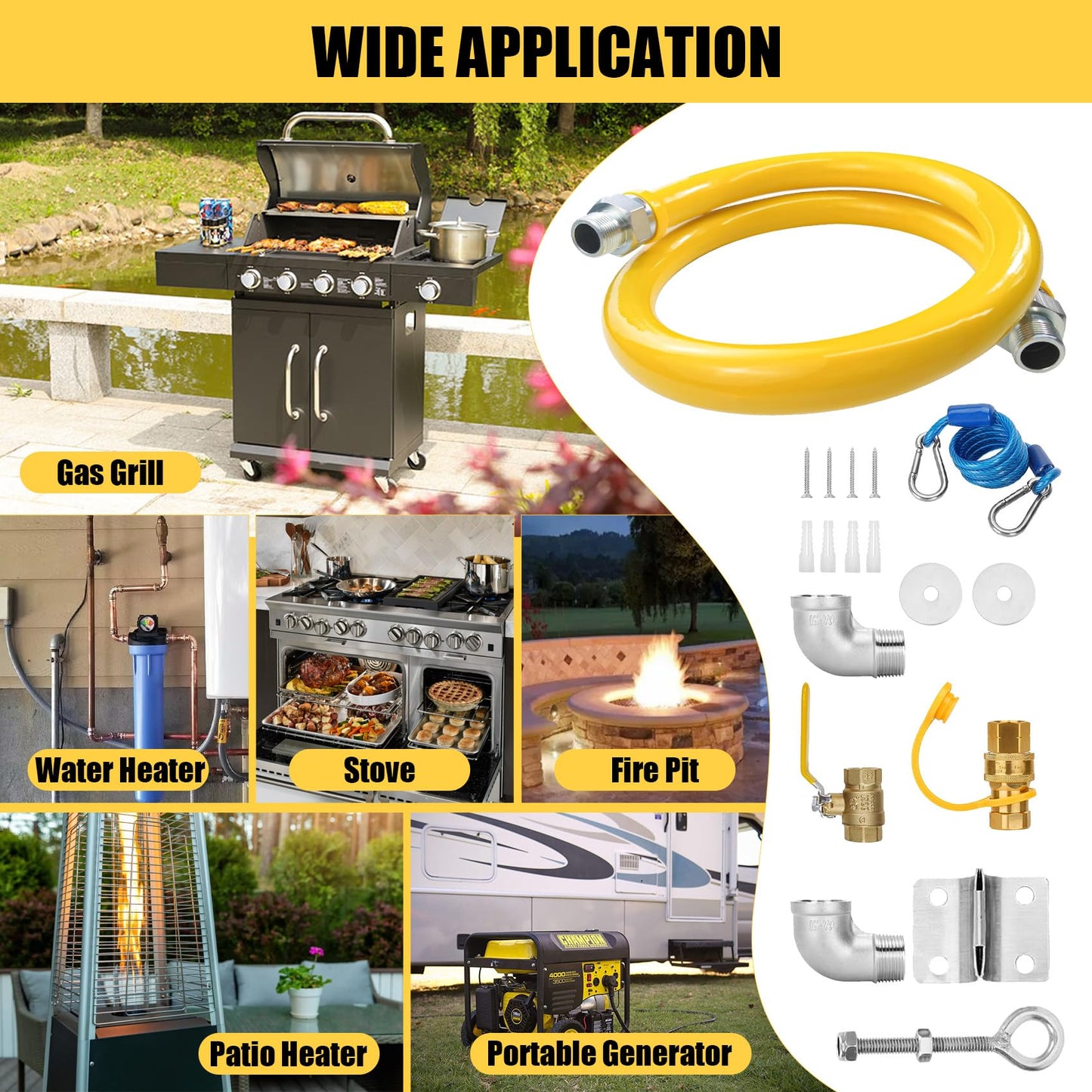 IMOLI Safety System Kit, 3/4" ID Natural Gas Line Hose, 48" Commercial Kitchen Gas Hose, Mobile Gas Connector Hose Kit with 2 Elbow Fittings, 3/4 Flexible Gas Hose