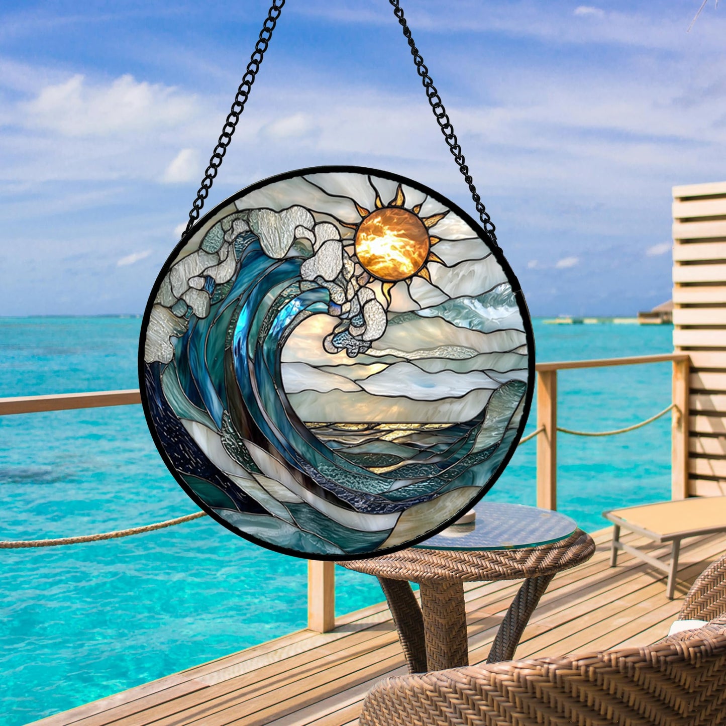 DASTOLL Stained Glass Window Hanging, Blue and White Waves Suncatcher Diamond Glass Panel Landscape Sun Catchers Decor for Birthday for Women, Men, Wife, Aunt, and Mom 6.3 x6.3 in