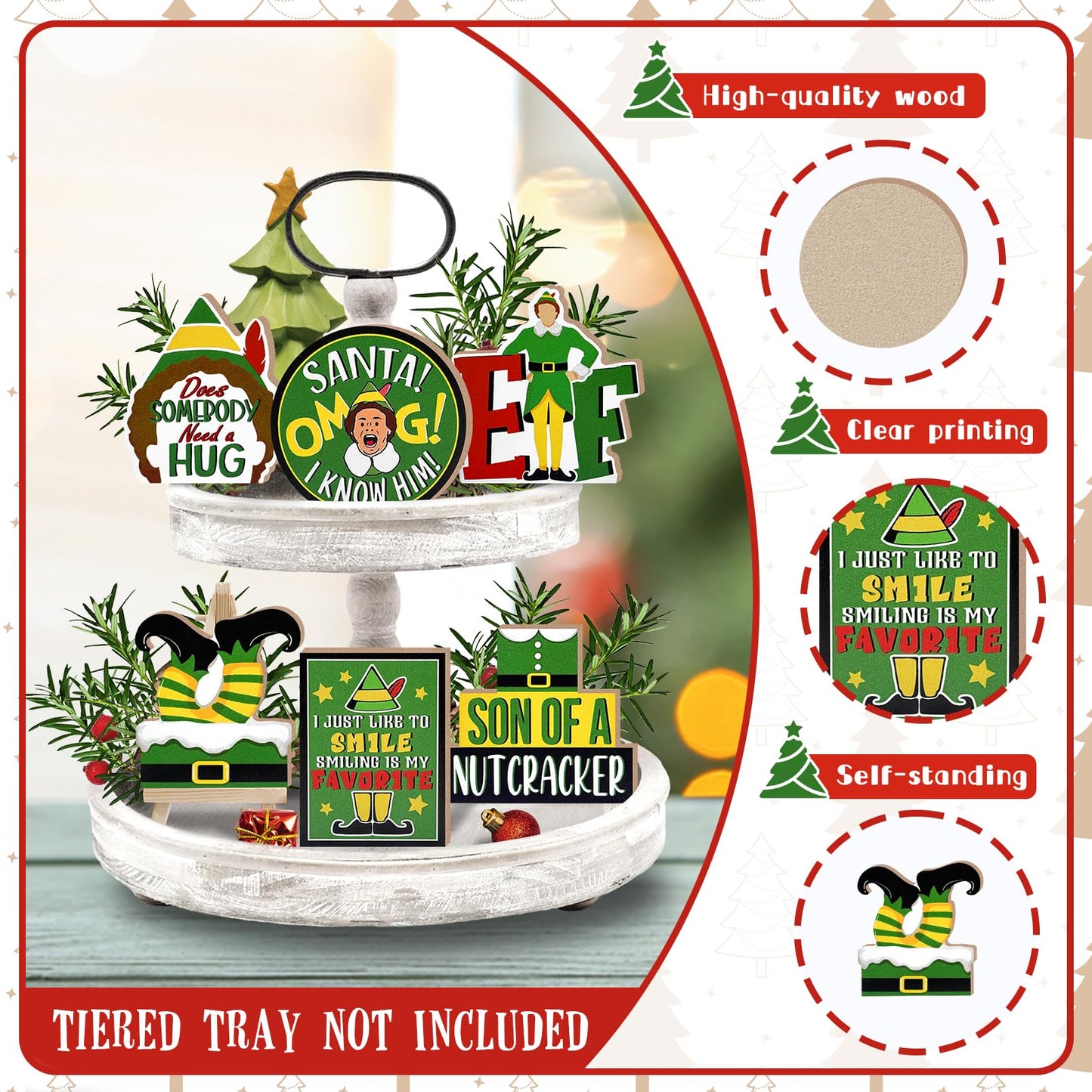 YMCAFZ 7 Pcs Christmas Green Elf Tiered Tray Decor, Funny Xmas Son of A Nutcracker Farmhouse Wood Decorations Set, Winter Holiday Rustic Wooden Decorative Signs for Home Table Shelf