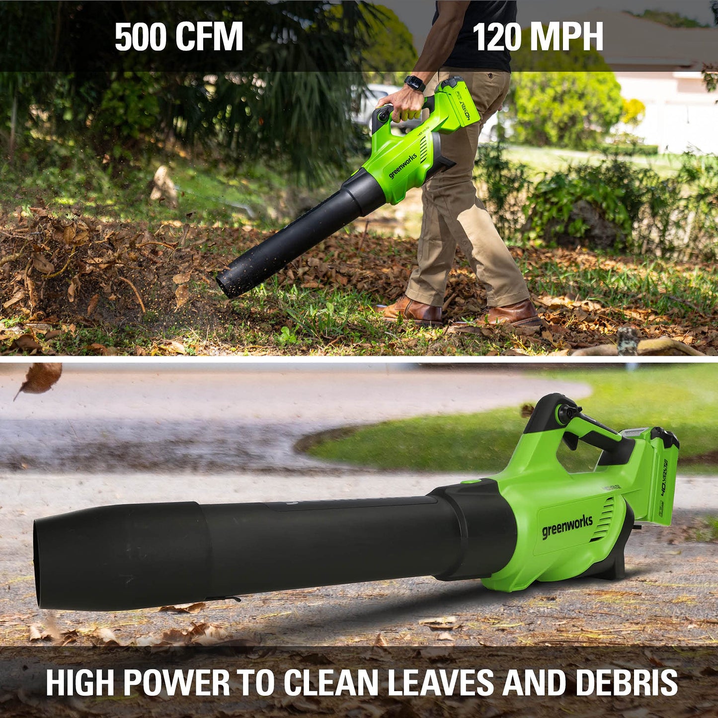 Greenworks 40V (120 MPH / 500 CFM) Leaf Blower, for damp autumn leaves, spring pollen, summer grass clippings, and winter debris across driveways, patios, Includes 2.5Ah Battery and Charger