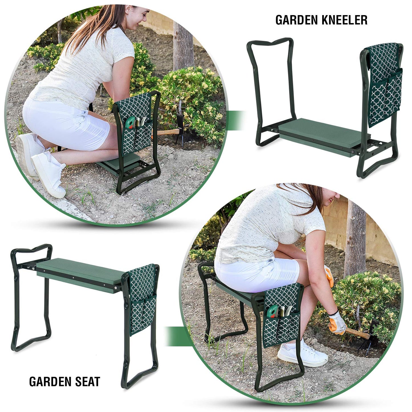 Garden Kneeler And Seat - Protects Your Knees, Clothes From Dirt & Grass Stains - Foldable Stool For Ease Of Storage - EVA Foam Pad - Sturdy and Lightweight - Bench Comes With A Free Tool Pouch!