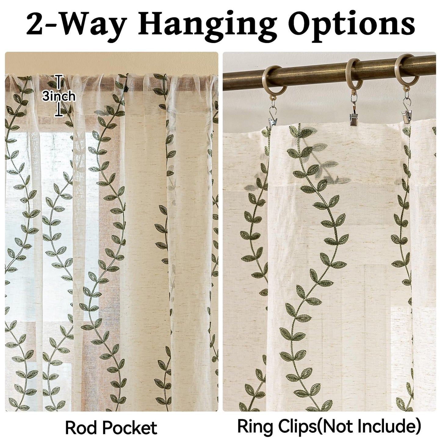 AmHoo 2 Panels Linen Leaf String Floral Embroidered Semi Sheer Curtain Farmhouse Voile Curtains for Living Room Bedroom Window Treatment Sage Green 52 x 63 Inch