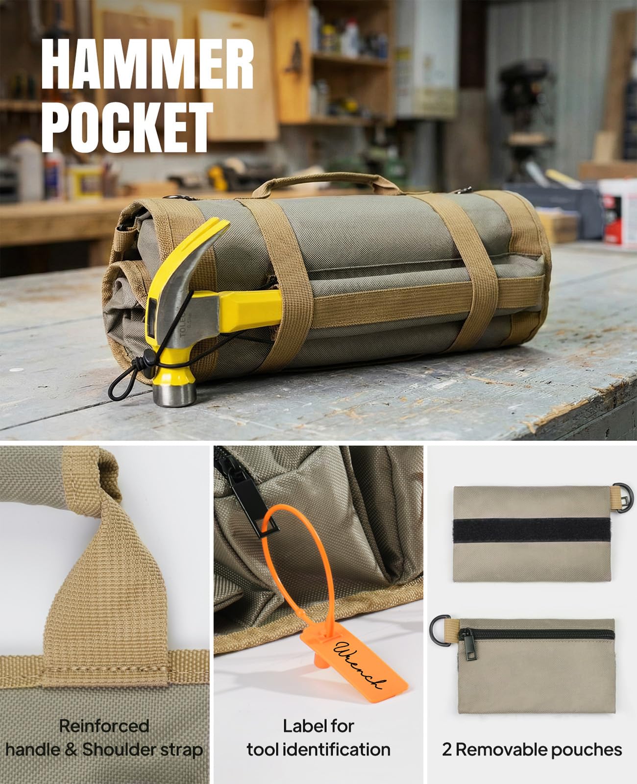 Tool Roll Up Bag, 1680D Heavy Duty Tool Bag Organizer with 2 Detachable Tool Pouches & Multiple Pockets, Waterproof Motorcycle Tool Roll for Mechanic & Electrician, Gift for Men Him Dad, 21.9"*14.7"