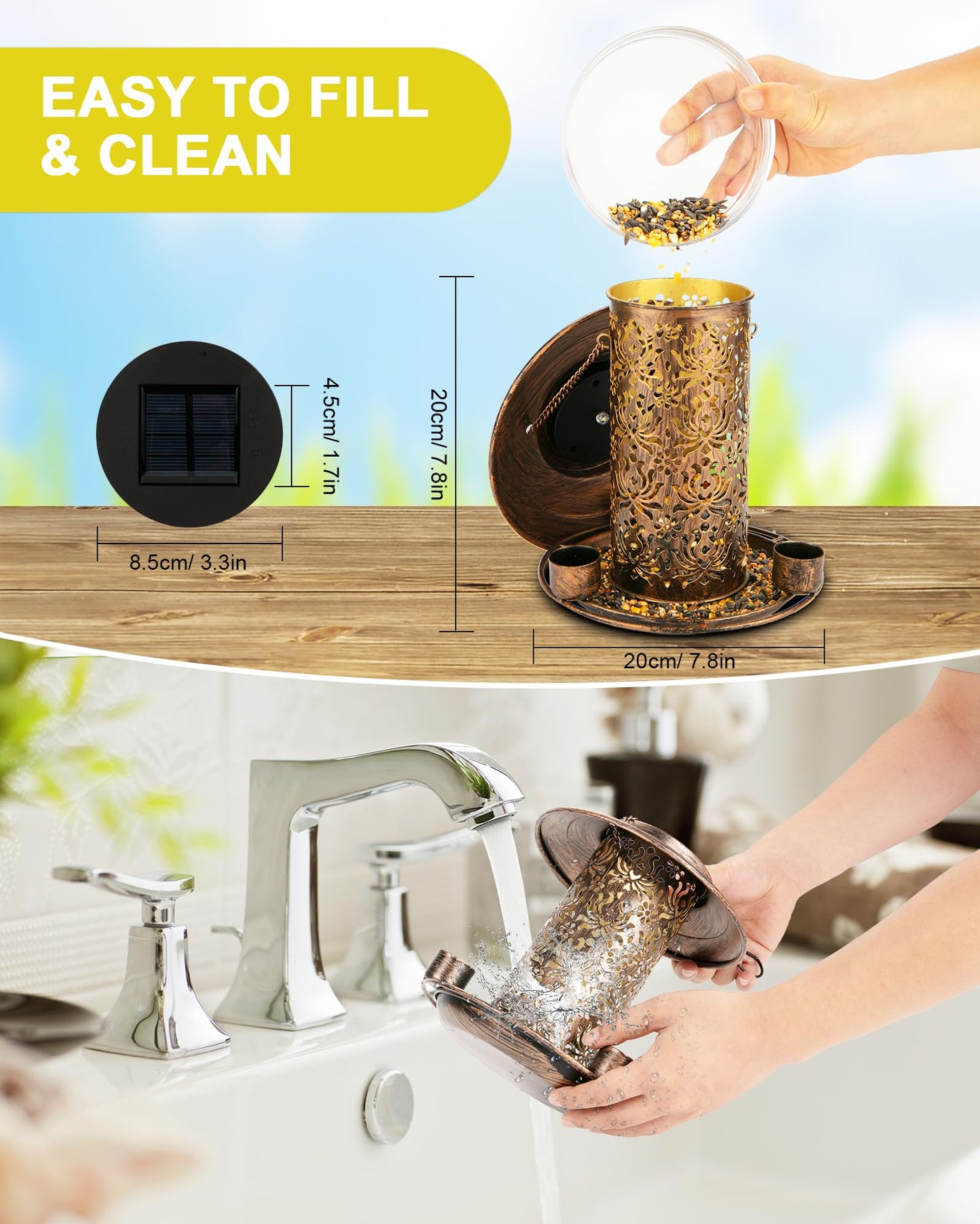Dosevita Solar Bird Feeders for Outdoors, Metal Hanging Bird Feeder with 3 Water Cups,Rust Resistant, Solar Garden Lantern for Outdoors Decor,The Perfect Choice for Gift(2.5LB)