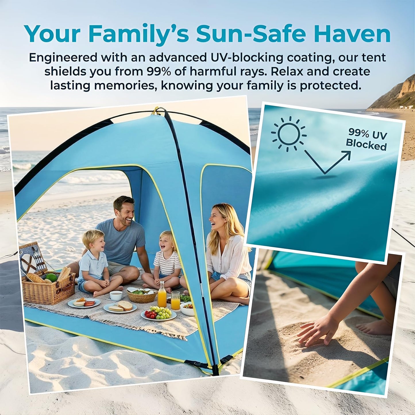 Beach Tent Sun Shelter, Portable Pop Up Beach Tent for 4-5 Person with UPF 50＋ UV Protection, Easy Setup Lightweight Waterproof Ventilation Design Family Sun Shelters for The Beaches