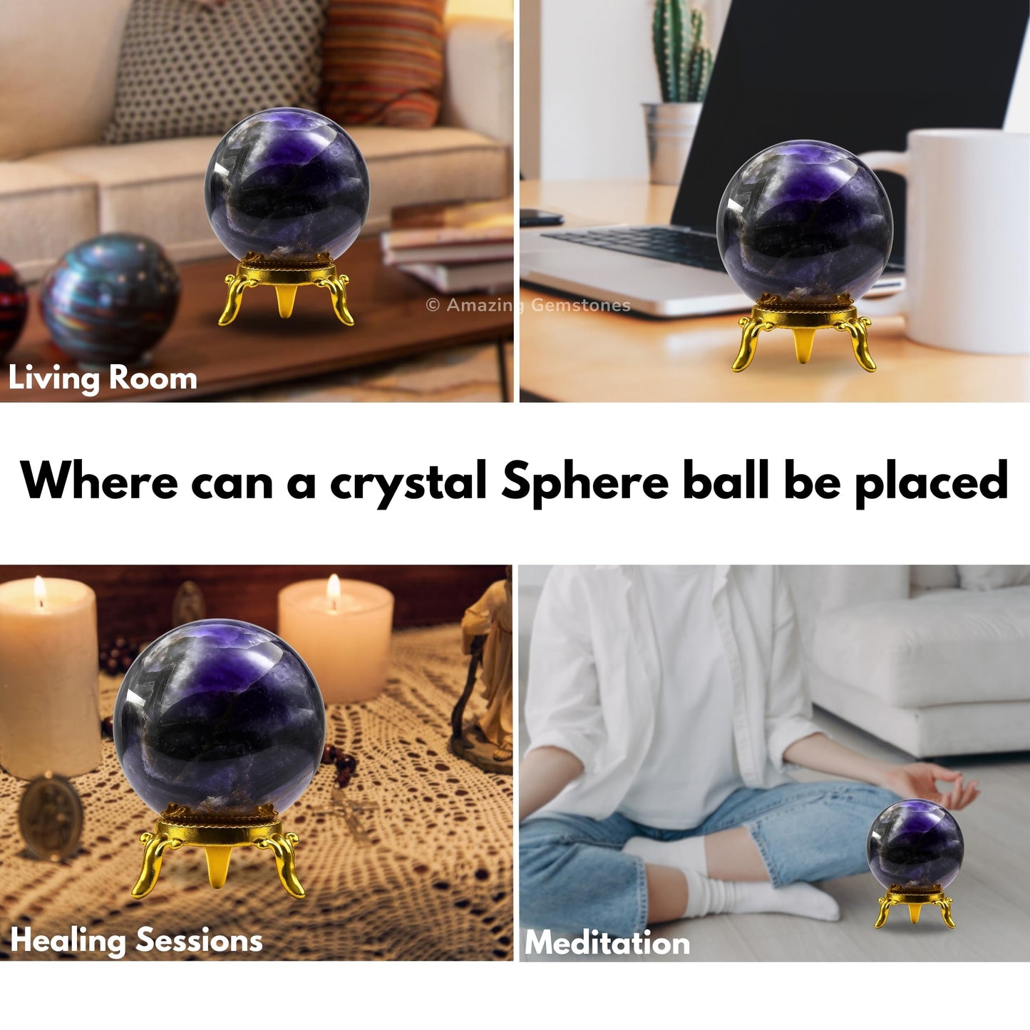 Amazing Gemstone Amethyst Chevron Crystal Ball with Stand - 2" Inches Crystal Sphere Meditation Balls for Witchcraft and Decorative Balls