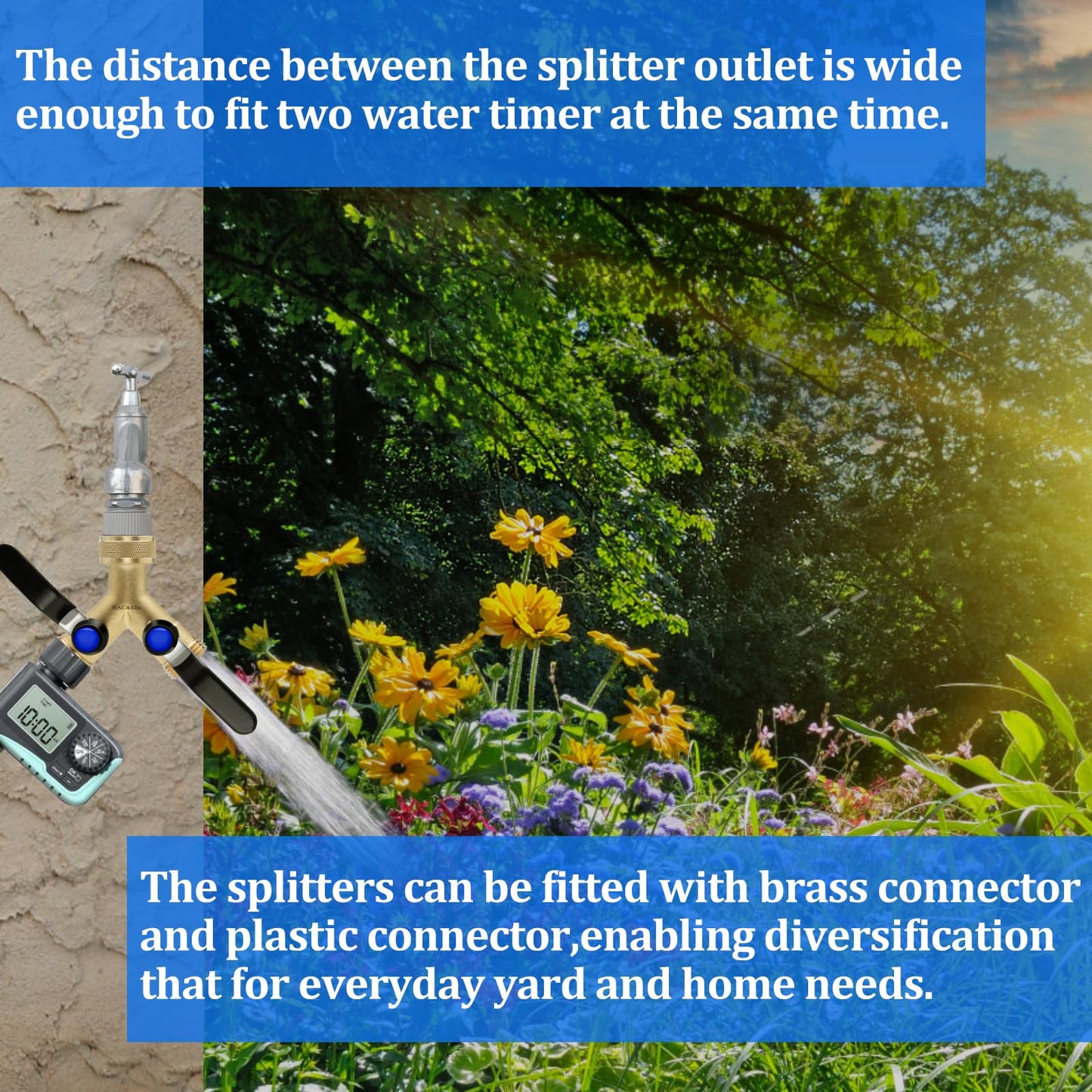 Brass Hose Splitter 2 Way Heavy Duty, Garden Hose Splitter with 304 Stainless Steel Long Handle, Brass water hose splitter 2 Way Y Valve 3/4" GHT Thread