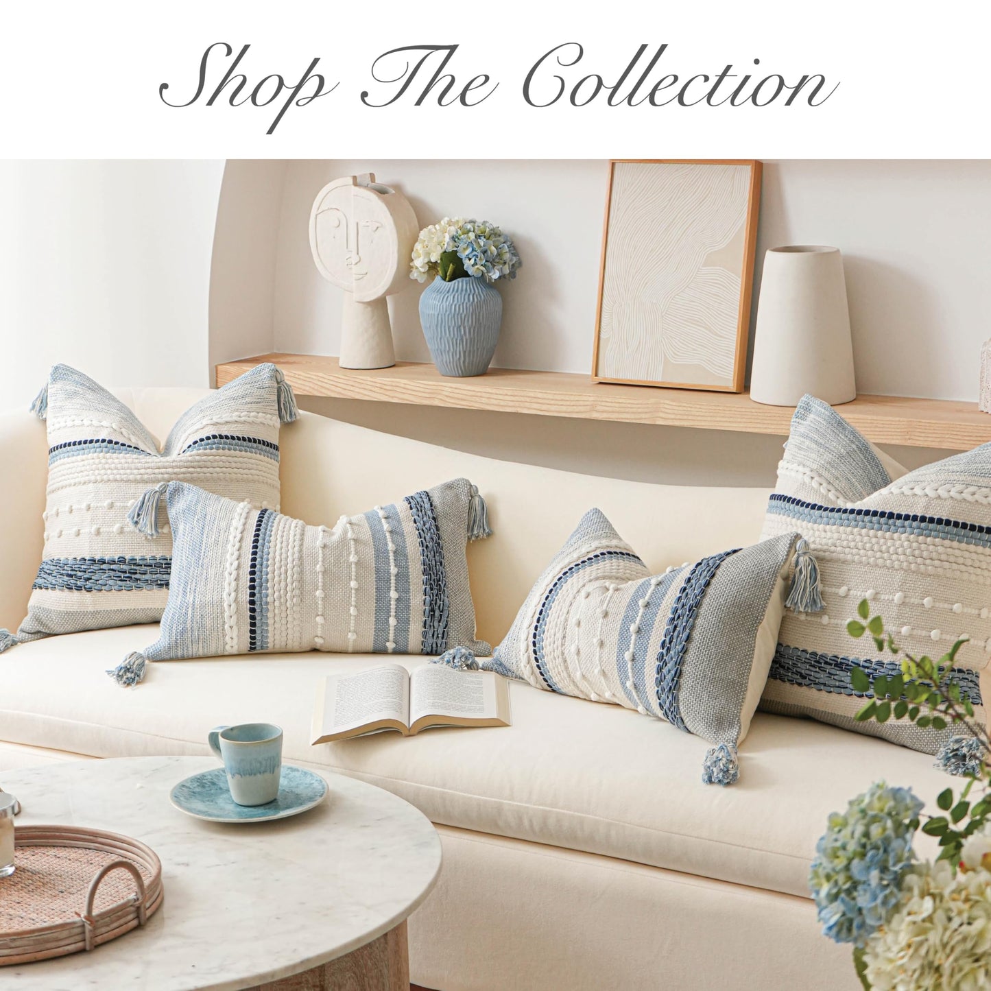 BlissBlush Coastal Blue Boho Decorative Throw Pillow Cover 22x22 Modern Bohemian Accent Pillow Case Square Woven Textured Farmhouse Pillows for Couch Bed (Pack of 1)