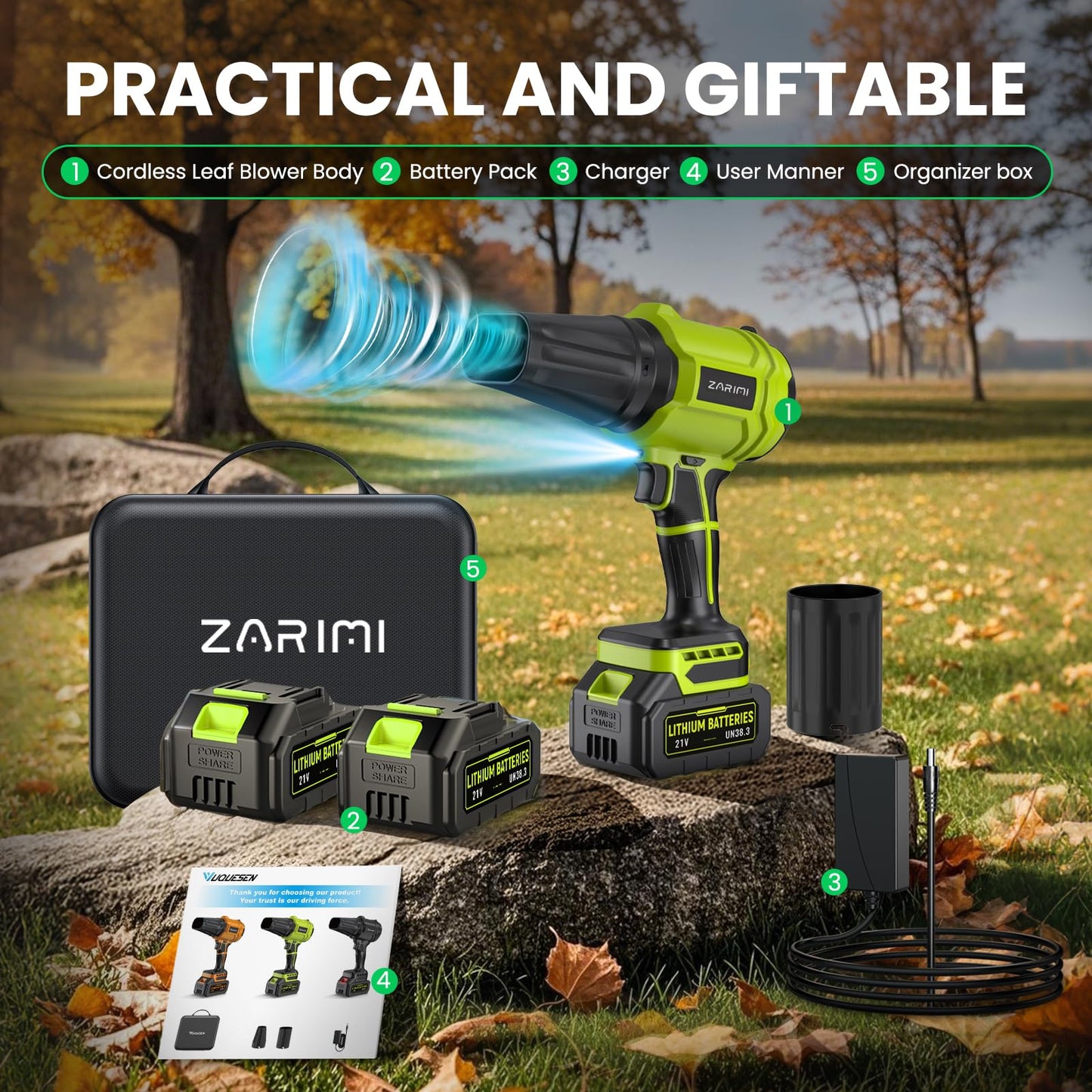 YUQUESEN Cordless Leaf Blower, 980,000 RPM Handheld Leaf Blower with 2 X 4.0Ah Batteries & Charger, Lightweight Leaf Blowers for Patio Cleaning, Lawn Care, Leaves, Dust - Light Green