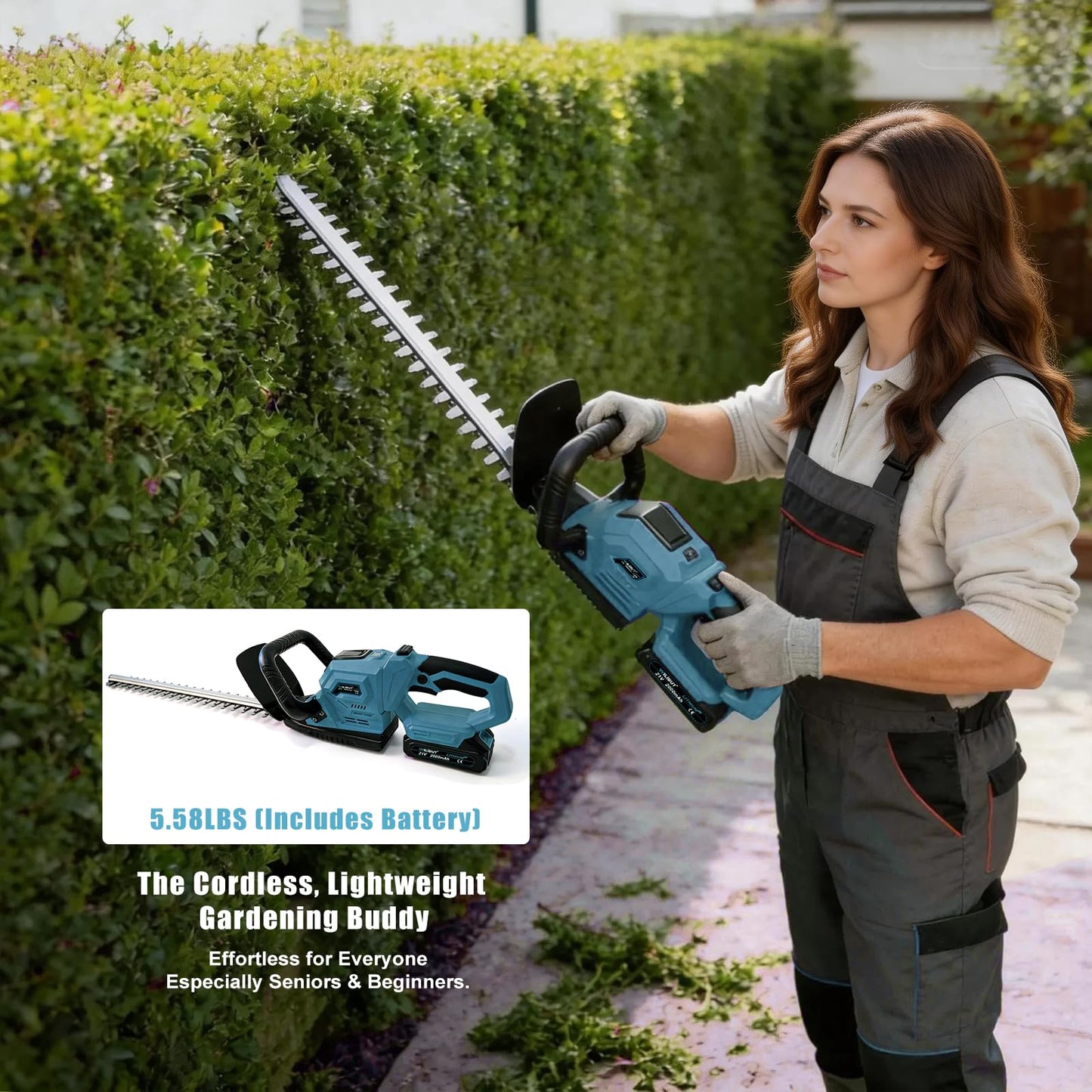 22'' Hedge Trimmer Cordless, Electric Handheld Bush Clipper with 180° Rotatable Handle, LCD Display, Brushless Motor, Battery Powered Bush Trimmer for Yard, Garden, 2 * 2.0 Batteries & Charger, Blue